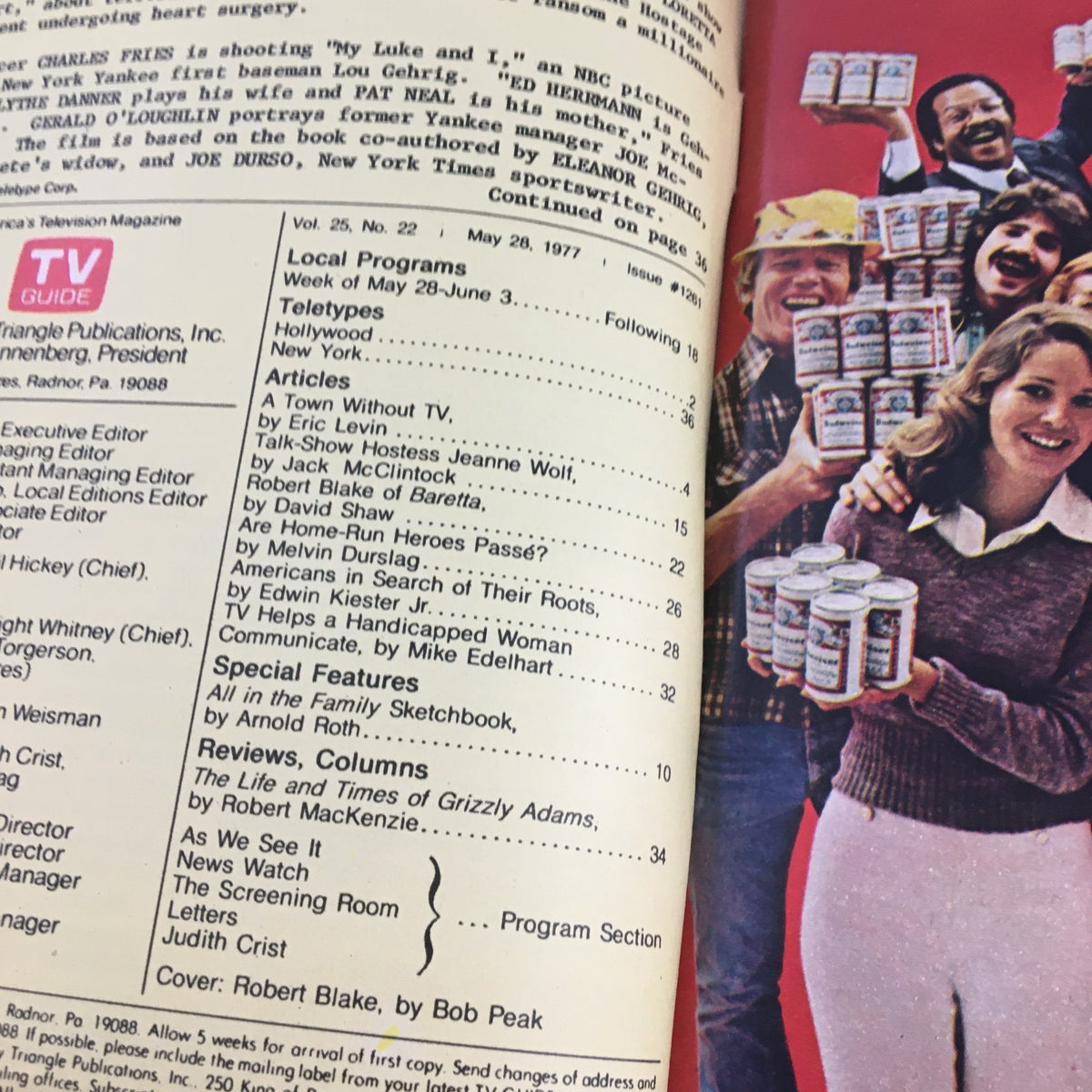 Interior page of TV Guide Magazine May 28 1977 displaying the contents with a detailed look at articles including Robert Blake as 'Baretta'. This page also highlights local programs and features for the week.