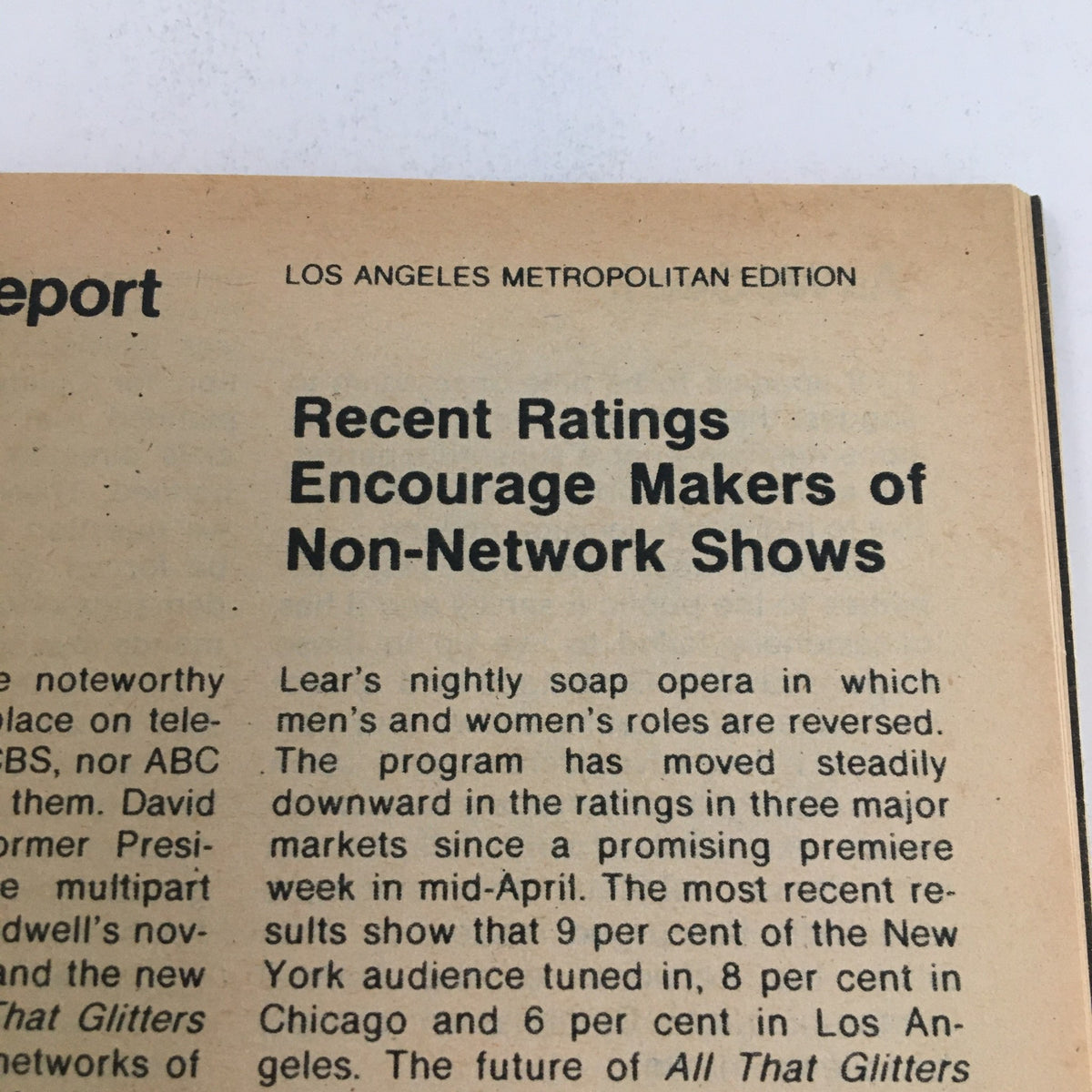 Article excerpt from TV Guide Magazine May 28 1977 discussing recent television ratings and their impact on non-network shows. Part of the Los Angeles Metropolitan Edition focusing on the evolving television landscape.