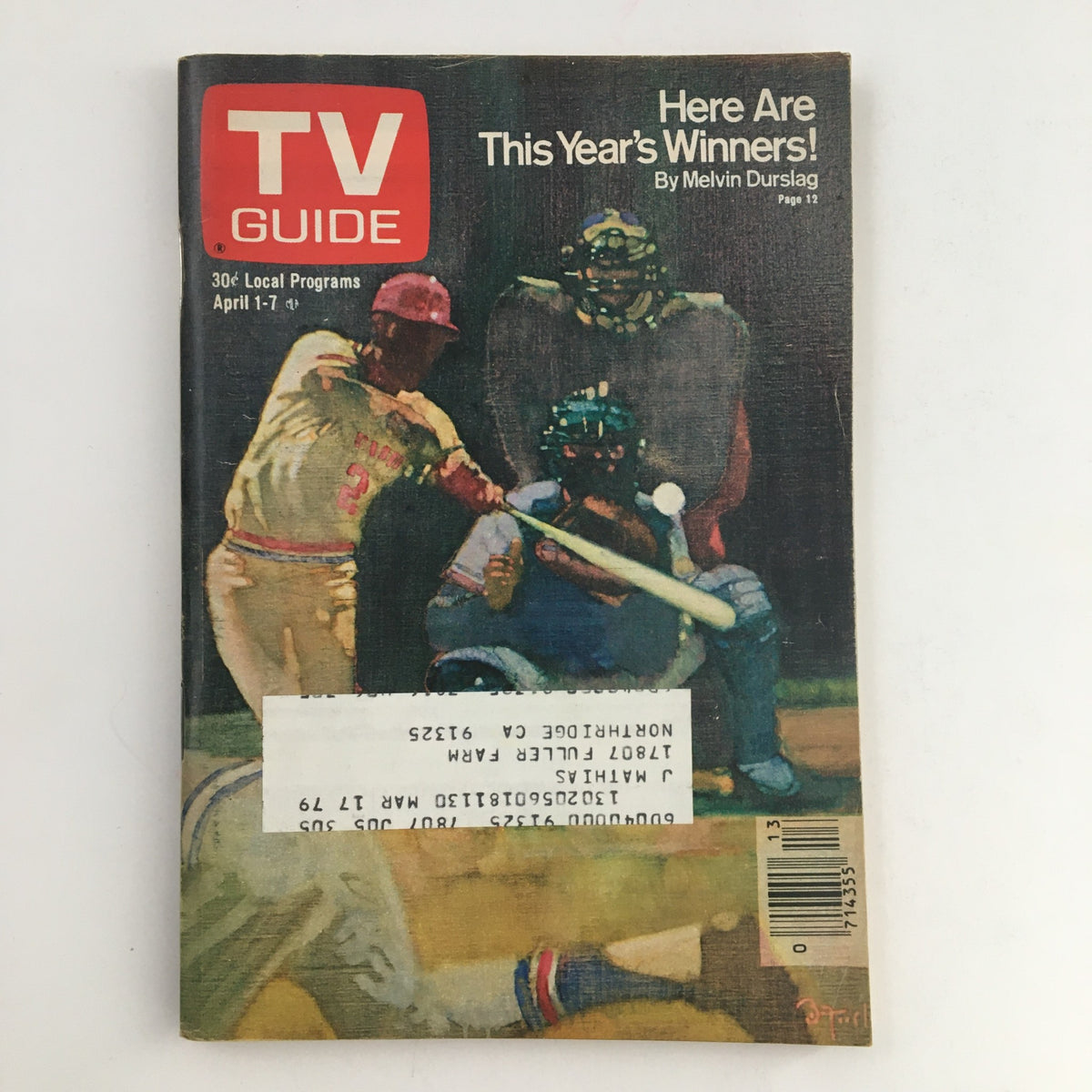 TV Guide Magazine April 1 1978 featuring Pat Boone, cover showcasing vintage sports illustration and local programs listings for the week.