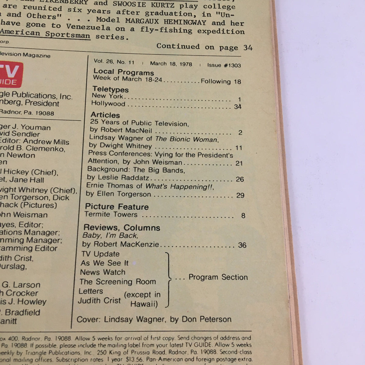 TV Guide Magazine March 18 1978 Lindsay Wagner 'The Bionic Woman' L.A. Edition