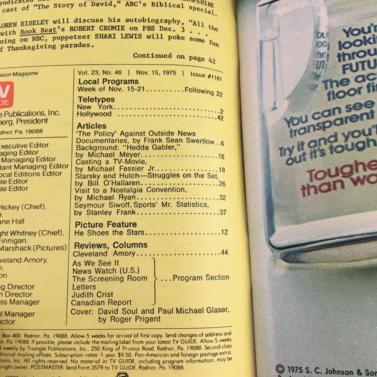 Inside page of TV Guide Magazine November 15 1975, displaying article headlines and listings, including coverage of Starsky and Hutch.