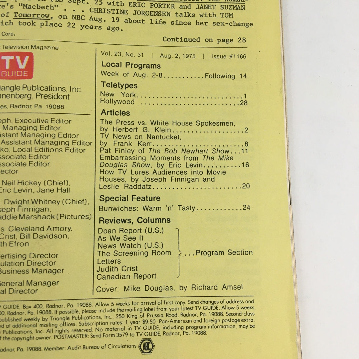 Back cover of the TV Guide Magazine August 2, 1975 edition, showcasing articles and index features related to television shows of the time.