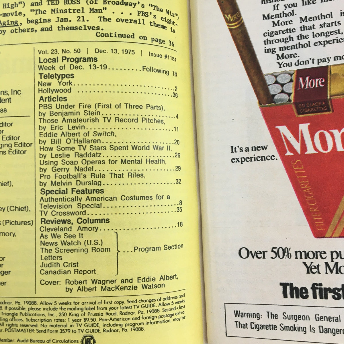 Inside page of TV Guide Magazine December 13, 1975 showcasing listings and articles, highlighting the entertainment trends of the mid-70s including Robert Wagner and Eddie Albert.