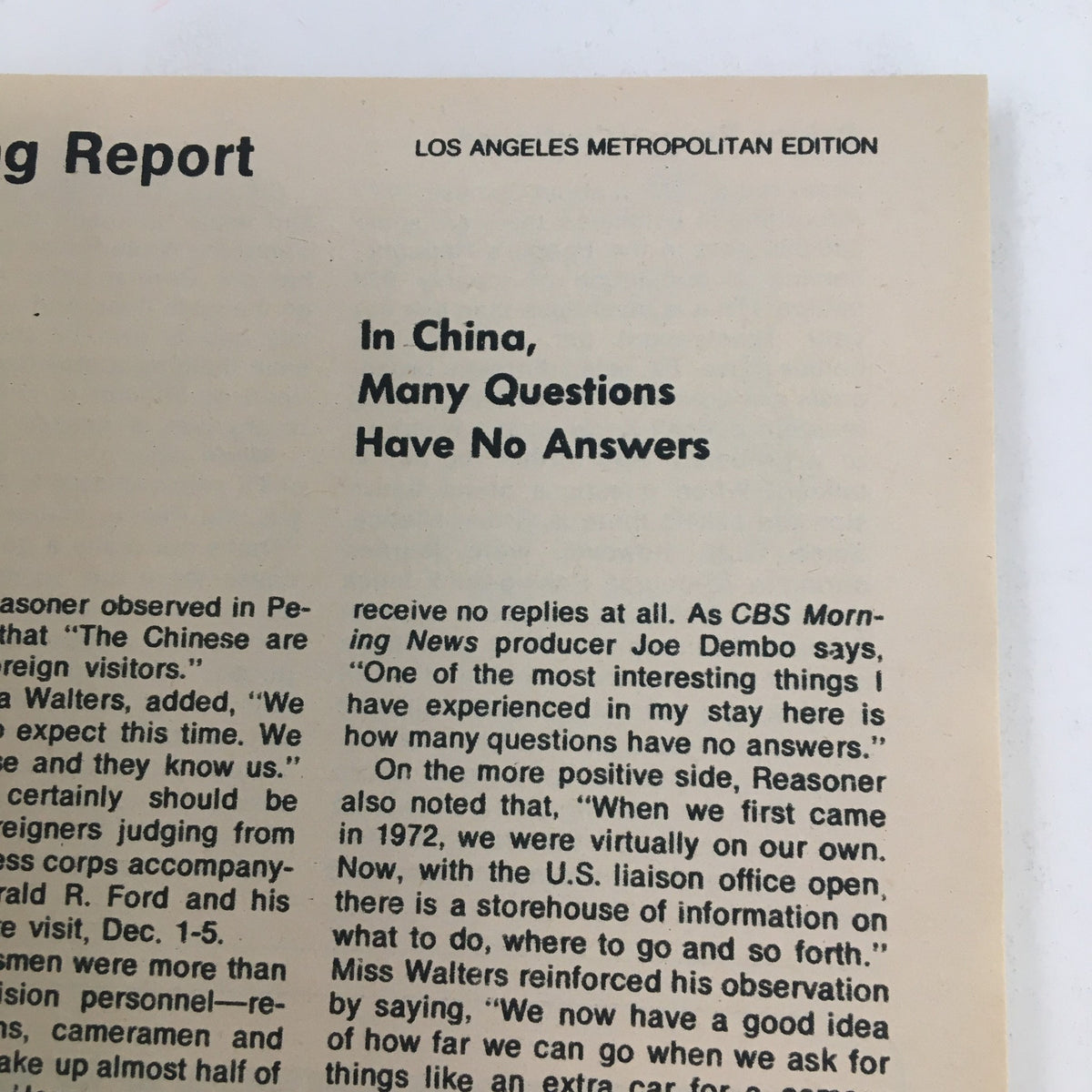 Another inside page of TV Guide Magazine December 13, 1975 discussing global issues, titled 'In China, Many Questions Have No Answers,' reflecting the era's journalism style.