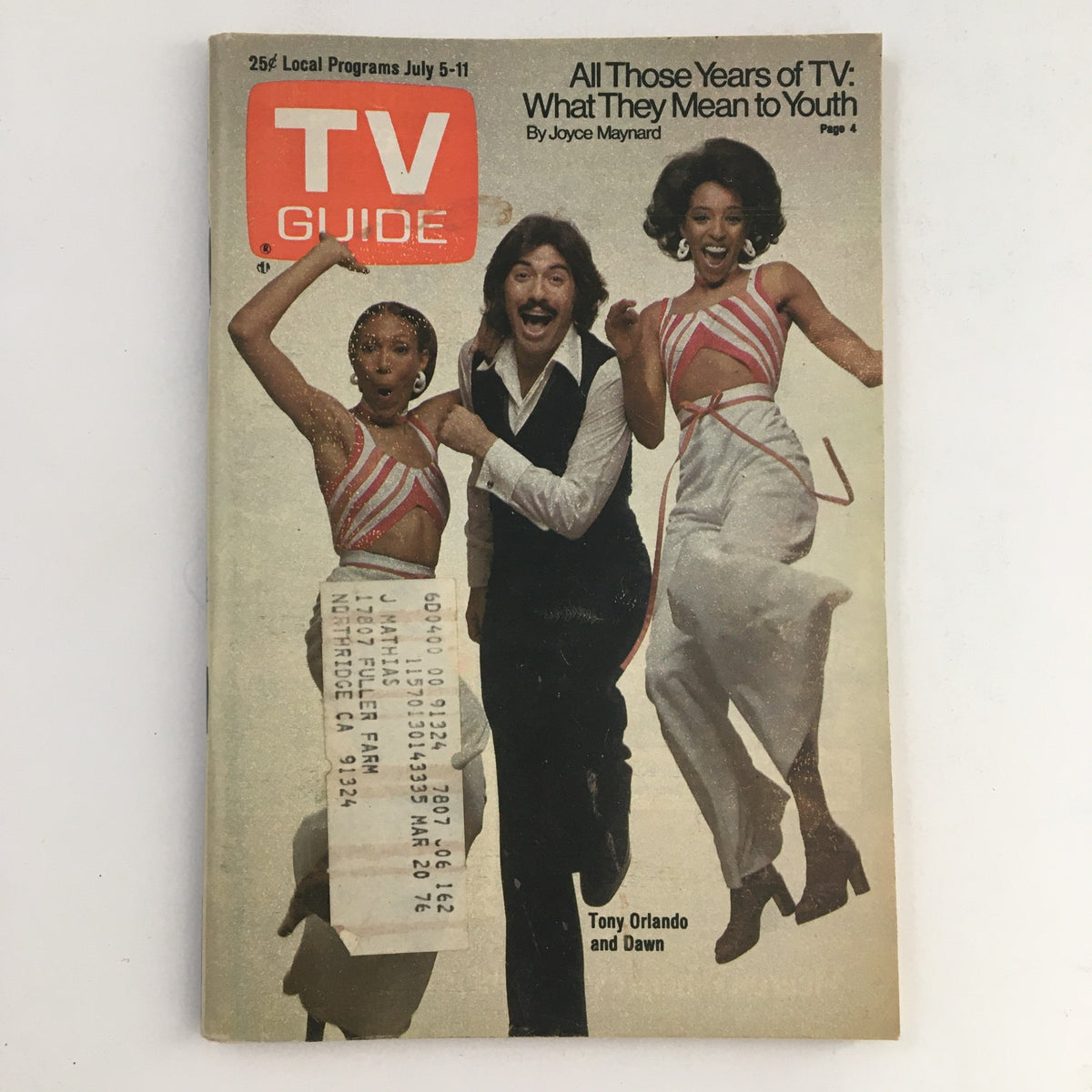 TV Guide Magazine July 5 1975 cover featuring Tony Orlando and Dawn, showcasing vibrant 1970s fashion and entertainment culture.