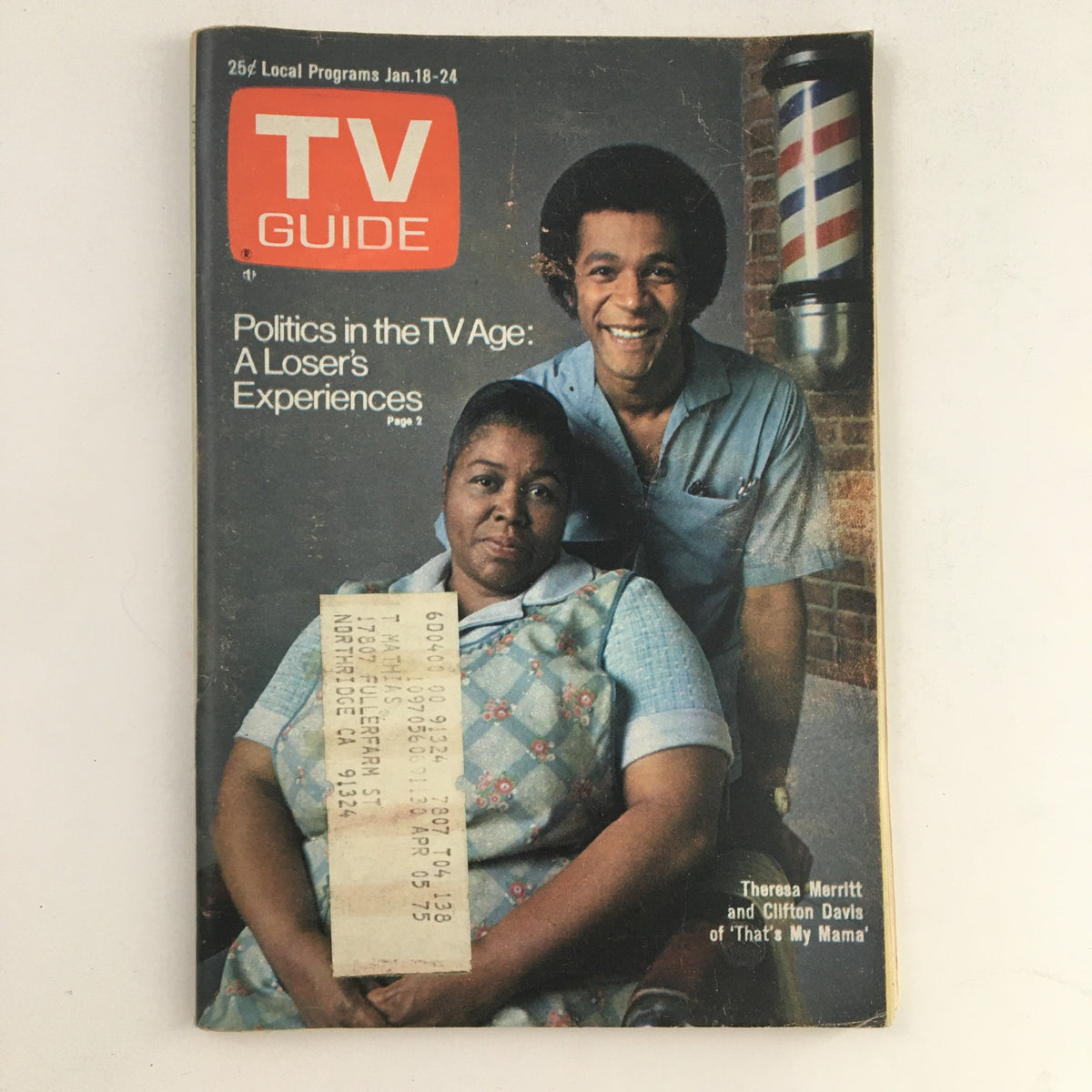 TV Guide Magazine cover from January 18, 1975, featuring Theresa Meritt and Clifton Davis, highlighting television history and programming of the 1970s.