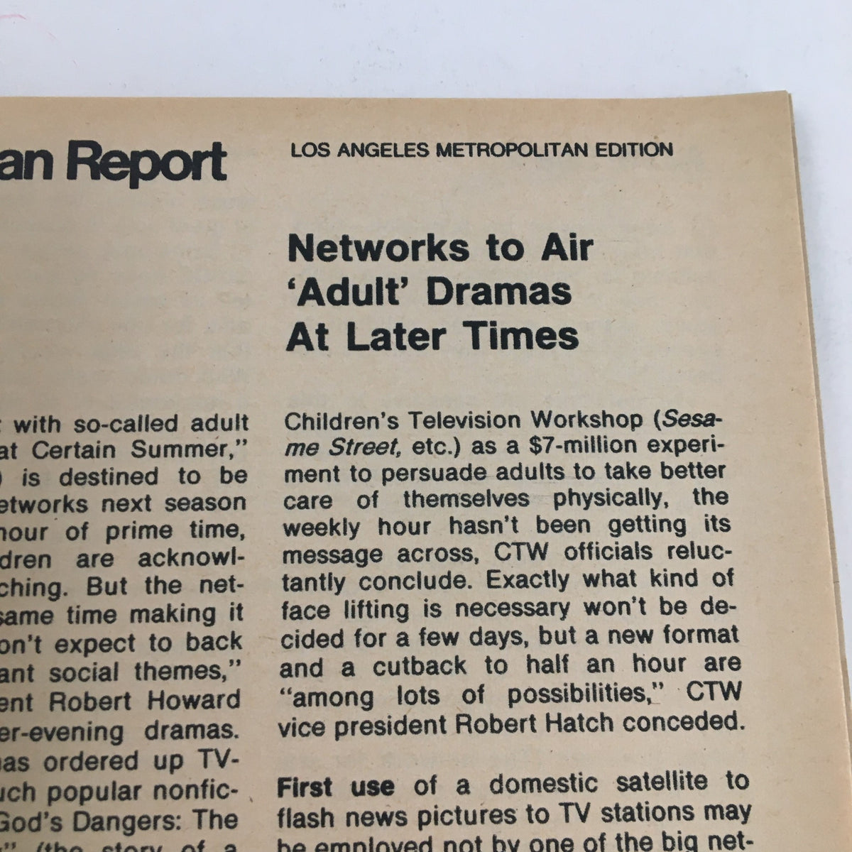 Article excerpt from the TV Guide Magazine January 18, 1975, discussing networks airing adult dramas at later times, related to television trends in the 1970s.