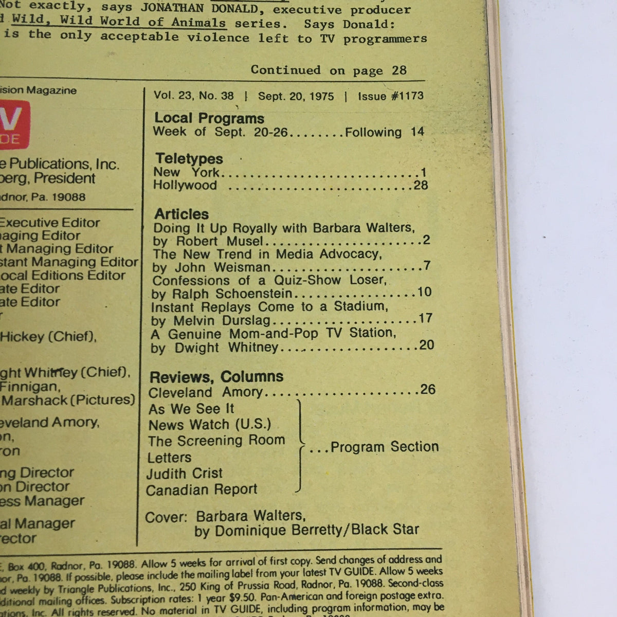 Contents page of TV Guide Magazine September 20, 1975, highlighting articles including Barbara Walters and European royalty. The layout reflects the traditional TV Guide format with program listings.
