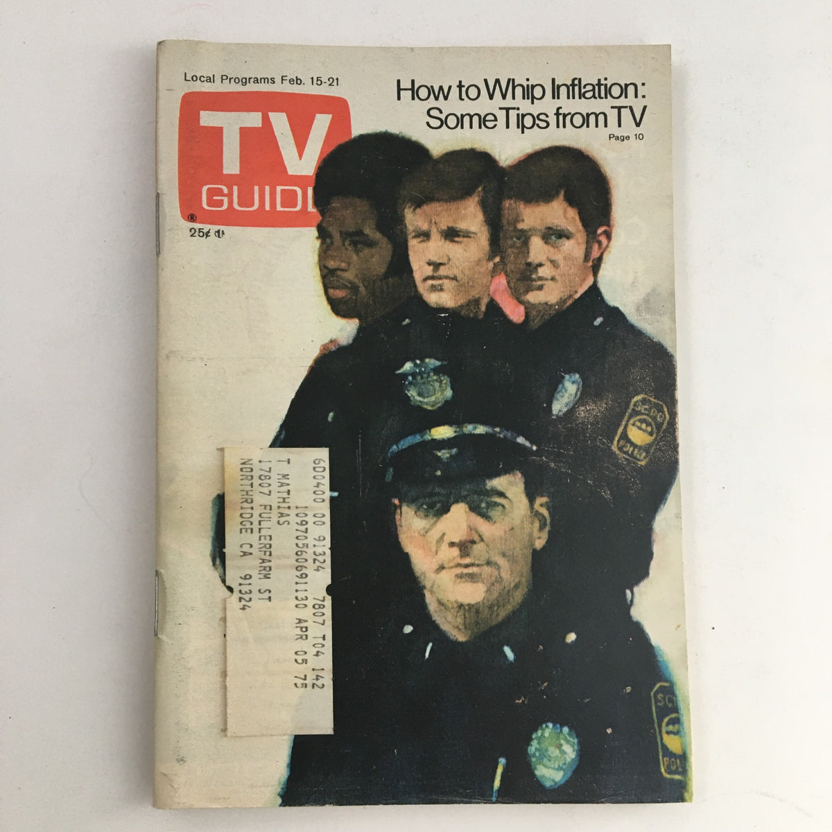 TV Guide Magazine February 15, 1975 cover featuring police officers and the title 'How to Whip Inflation: Some Tips from TV'. A collectible magazine that captures 1970s television culture.
