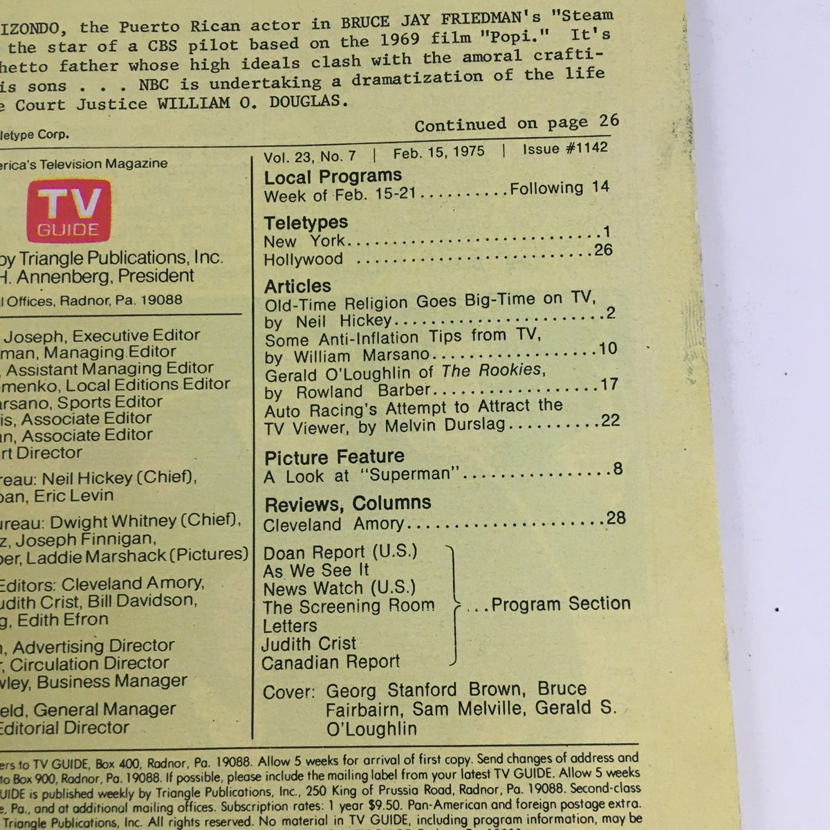 TV Guide Magazine February 15 1975 featuring Georg Stanford and Bruce Fairbairn, showcasing vintage television history and articles relevant to the 1970s Los Angeles entertainment culture.