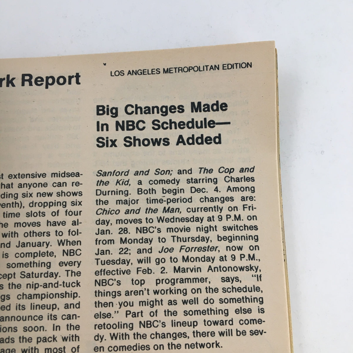 Article page from TV Guide Magazine dated November 29, 1975, discussing significant changes in NBC's television schedule. This page reflects the magazine's focus on television culture during the mid-1970s.