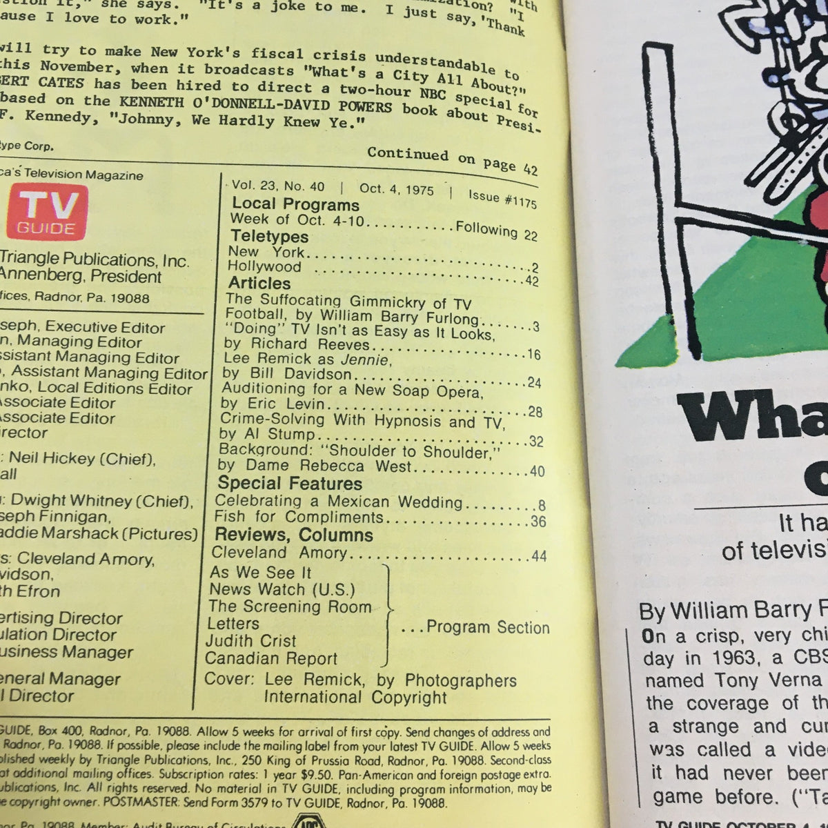 Interior page of the TV Guide Magazine October 4, 1975 showcasing articles and program listings relevant to the era.