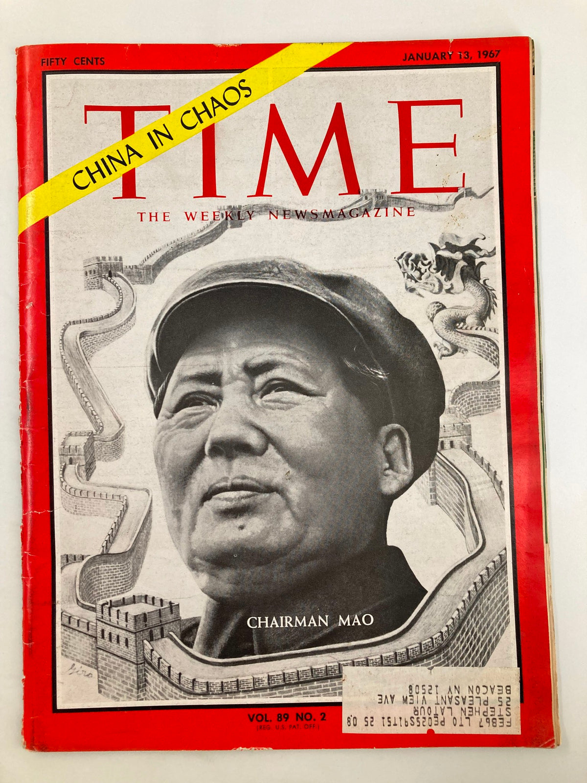 Vintage Time Magazine cover from January 13, 1967, Volume 89, Issue #2, featuring Chairman Mao Zedong with the headline 'China in Chaos' and imagery of the Great Wall.