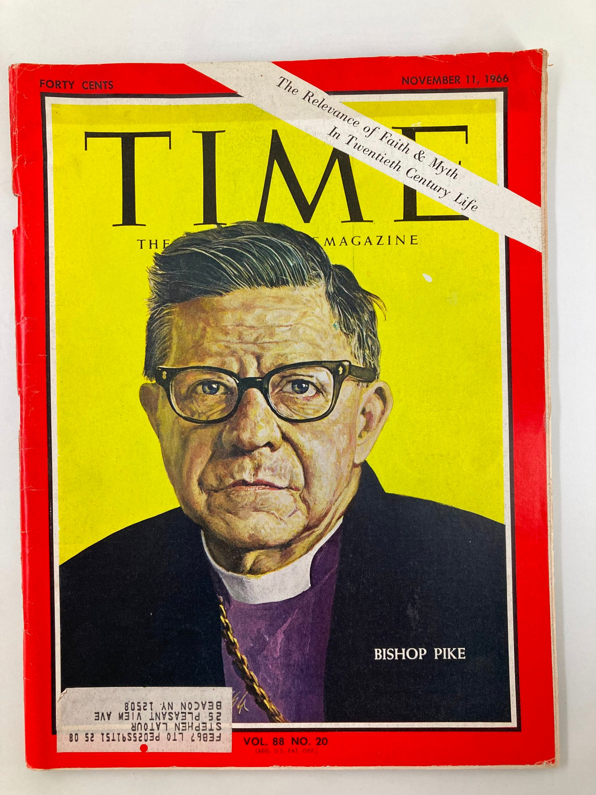 Cover of Time Magazine dated November 11, 1966, featuring Bishop James Pike, highlighting his influential role in the sociopolitical landscape of the 1960s.