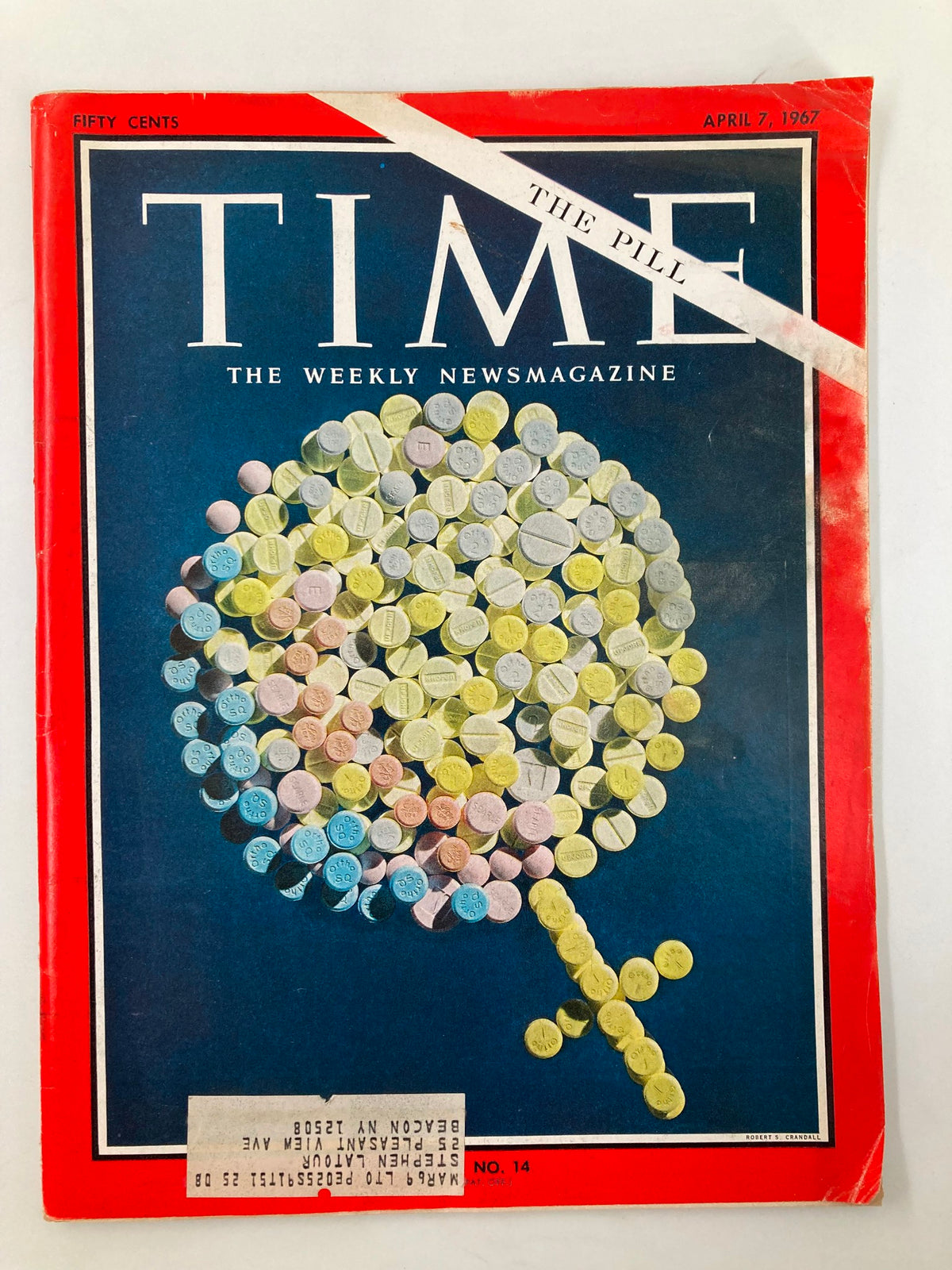 Cover of VTG Time Magazine April 7, 1967 featuring colorful pills arranged in a tree-like shape, symbolizing The Pill and its impact on society.