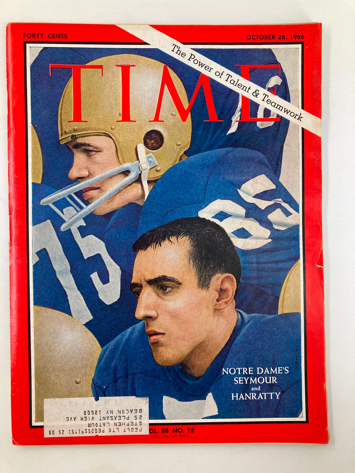 Cover of Time Magazine from October 28, 1966, featuring Notre Dame's Seymour and Hanratty, showcasing college football history and sports culture.