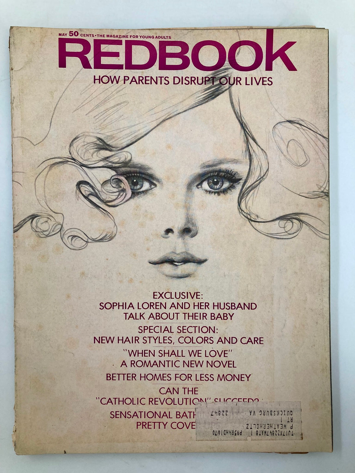 Cover of VTG Redbook Magazine May 1969 featuring a sketch of a woman with curly hair, highlighting an exclusive interview with Sophia Loren and her husband discussing their baby.