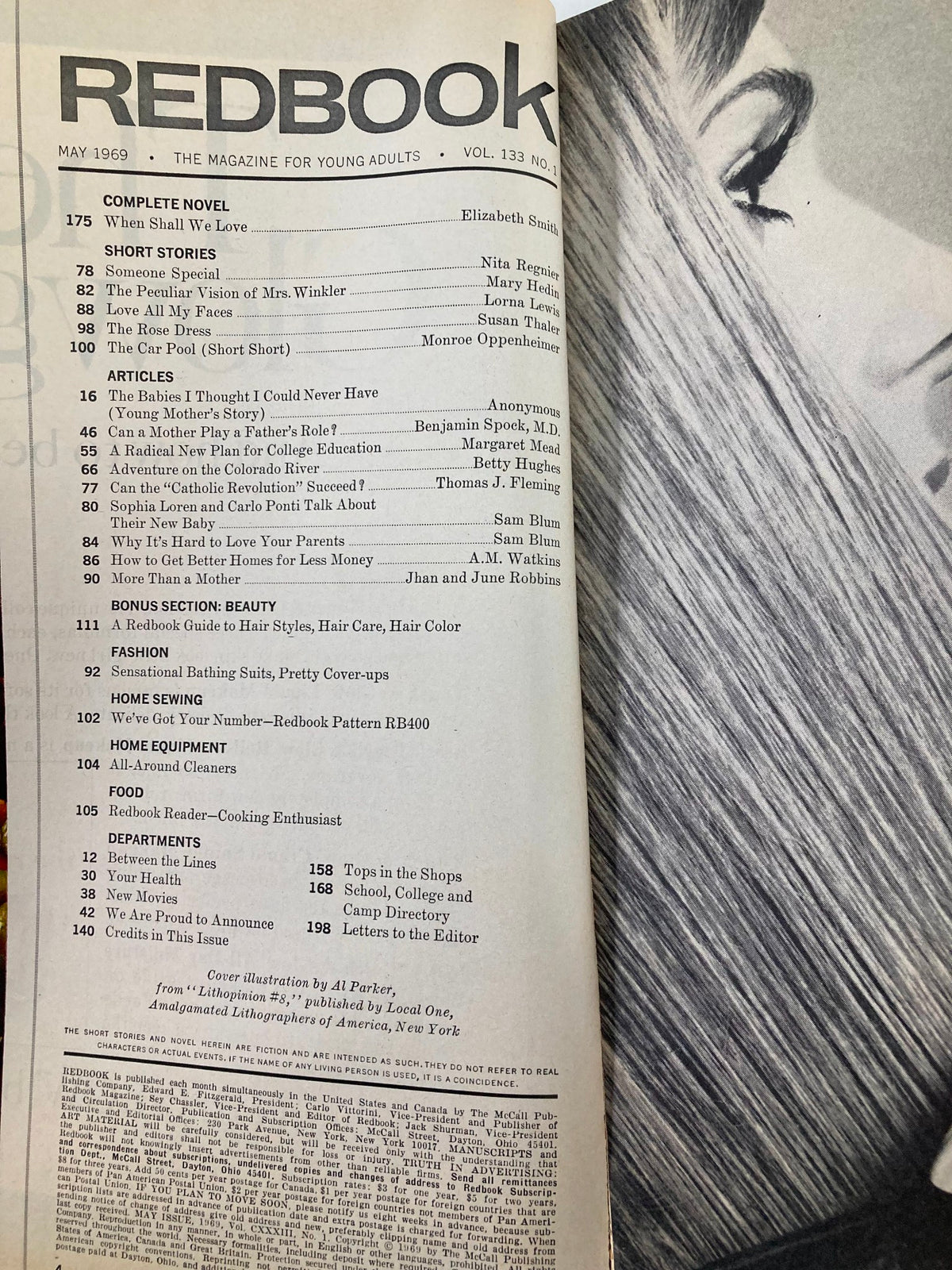 Inside page of VTG Redbook Magazine May 1969 with a table of contents, listing articles including Sophia Loren's insights on family life.