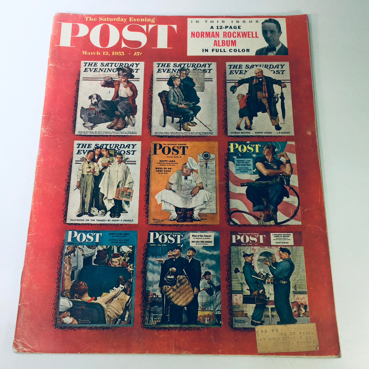 Cover of the VTG The Saturday Evening Post March 12, 1955 featuring a 12-page Norman Rockwell album, showcasing a collection of colorful magazine covers from the era.
