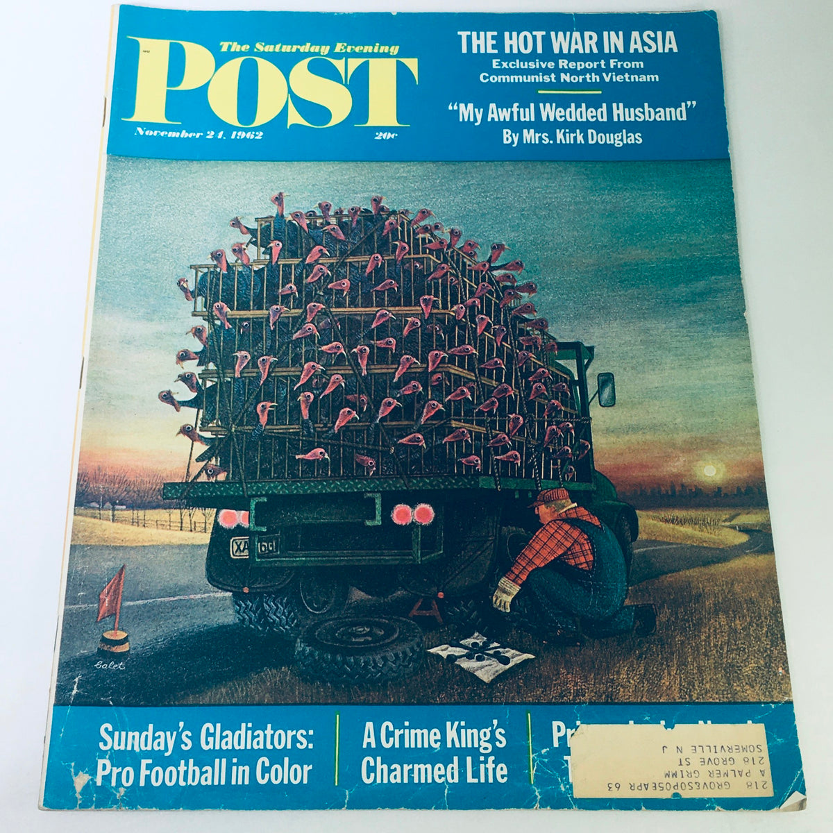 Cover of VTG The Saturday Evening Post November 24 1962 featuring the article 'The Hot War in Asia.' The artwork depicts a truck loaded with pink flamingos in a rural setting, showcasing vintage design and cultural significance.