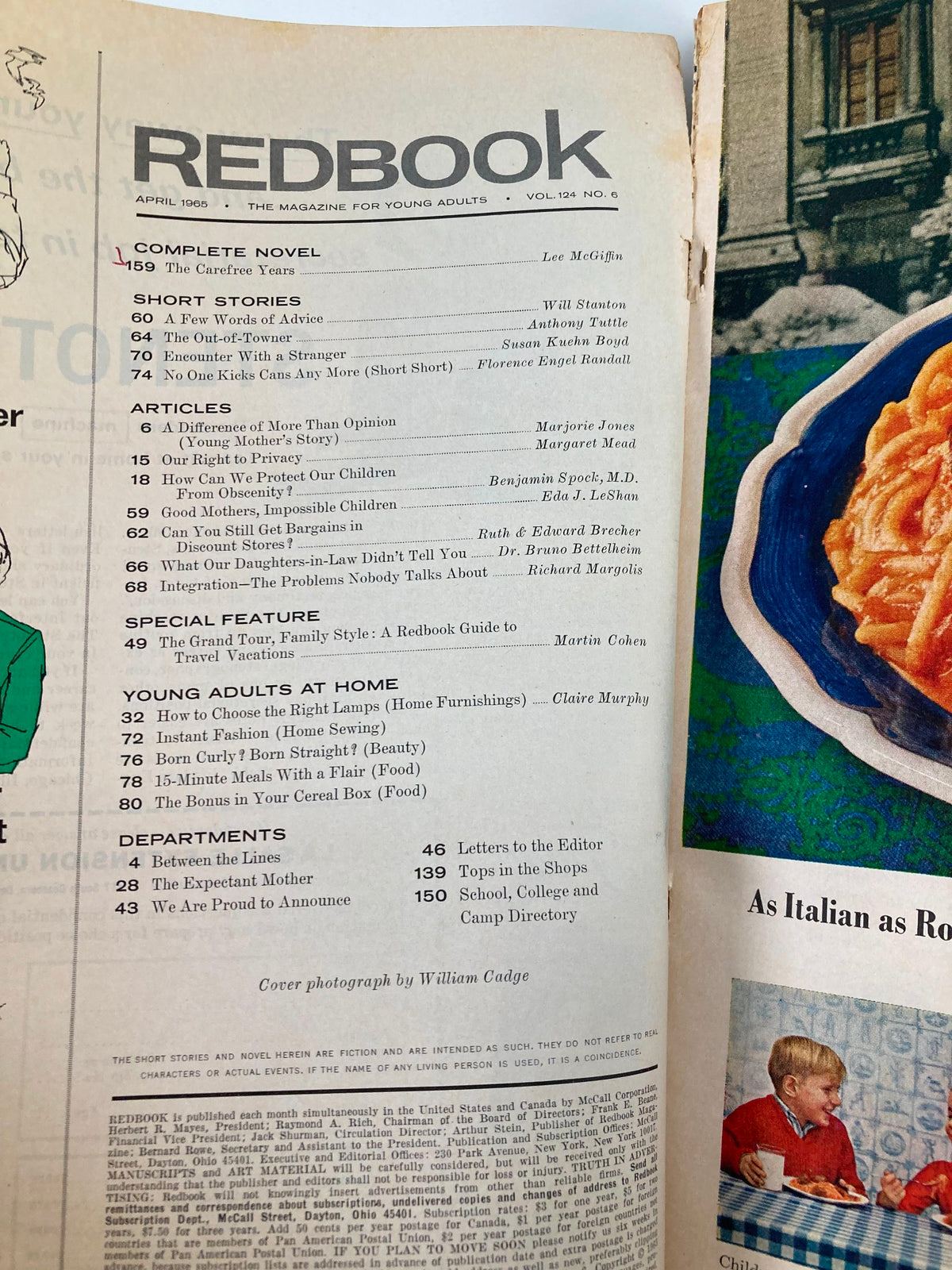 Vintage Redbook Magazine April 1965 interior page with table of contents featuring articles including 'Our Right to Privacy' by Margaret Mead, showcasing vintage typography and layout.