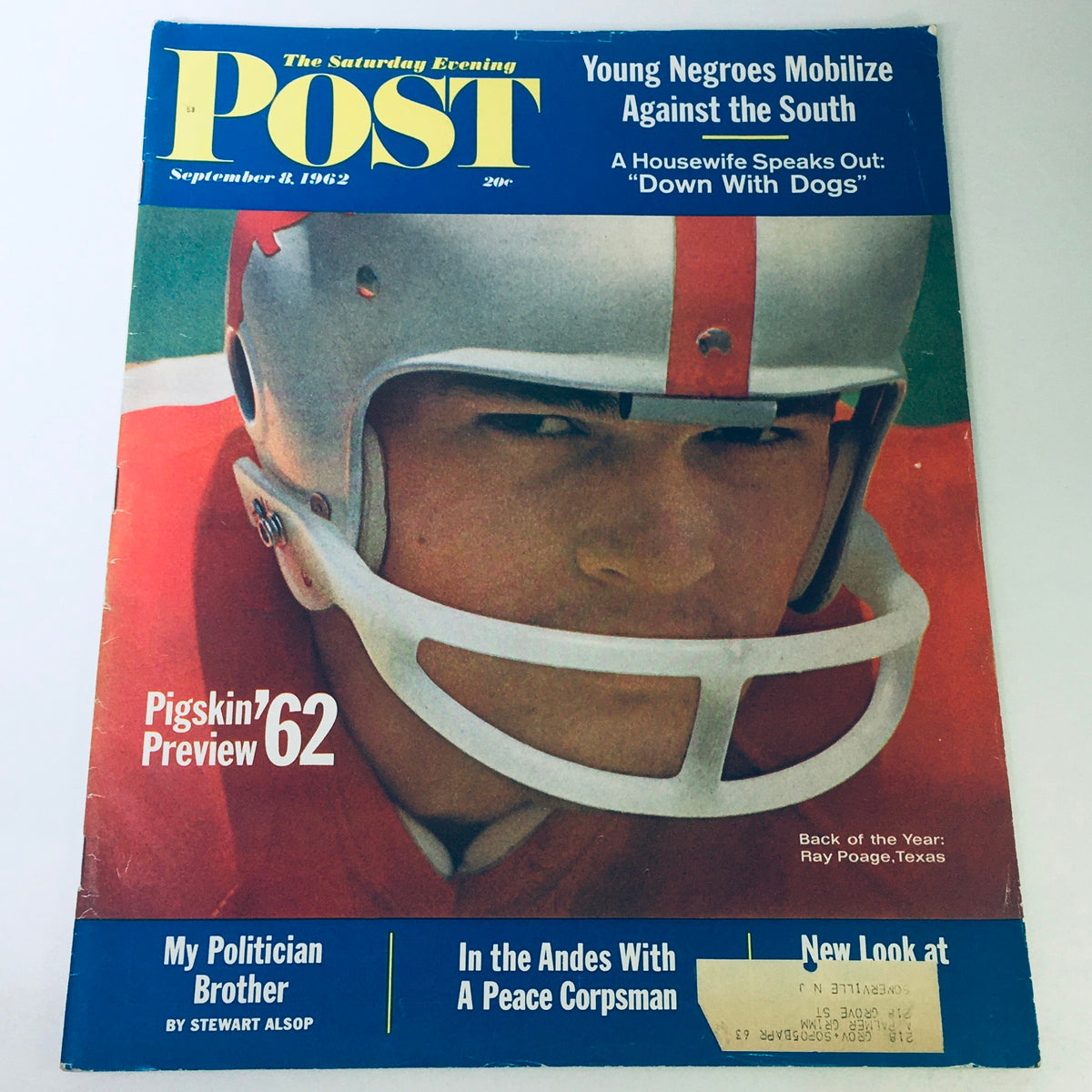 Vintage edition of The Saturday Evening Post from September 8, 1962 featuring Ray Poage on the cover. The magazine includes references to 'Pigskin Preview '62' and other articles, showcasing the sports culture of the time.
