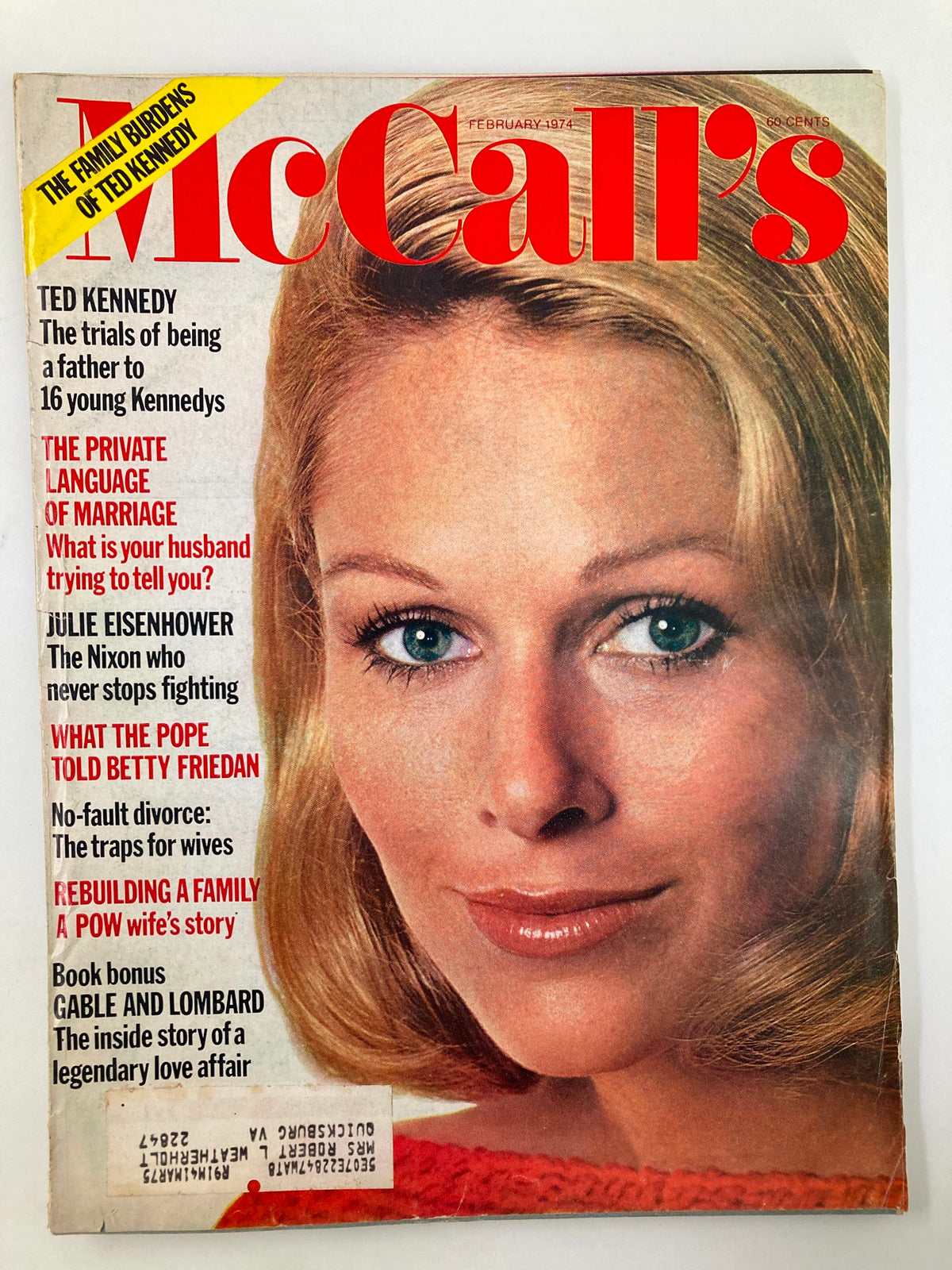 Cover of VTG McCall's Magazine February 1974 featuring the title 'What The Pope Told Betty Friedan.' The magazine showcases Ted Kennedy, articles on marriage, and personal stories with a centered image of a blonde woman.