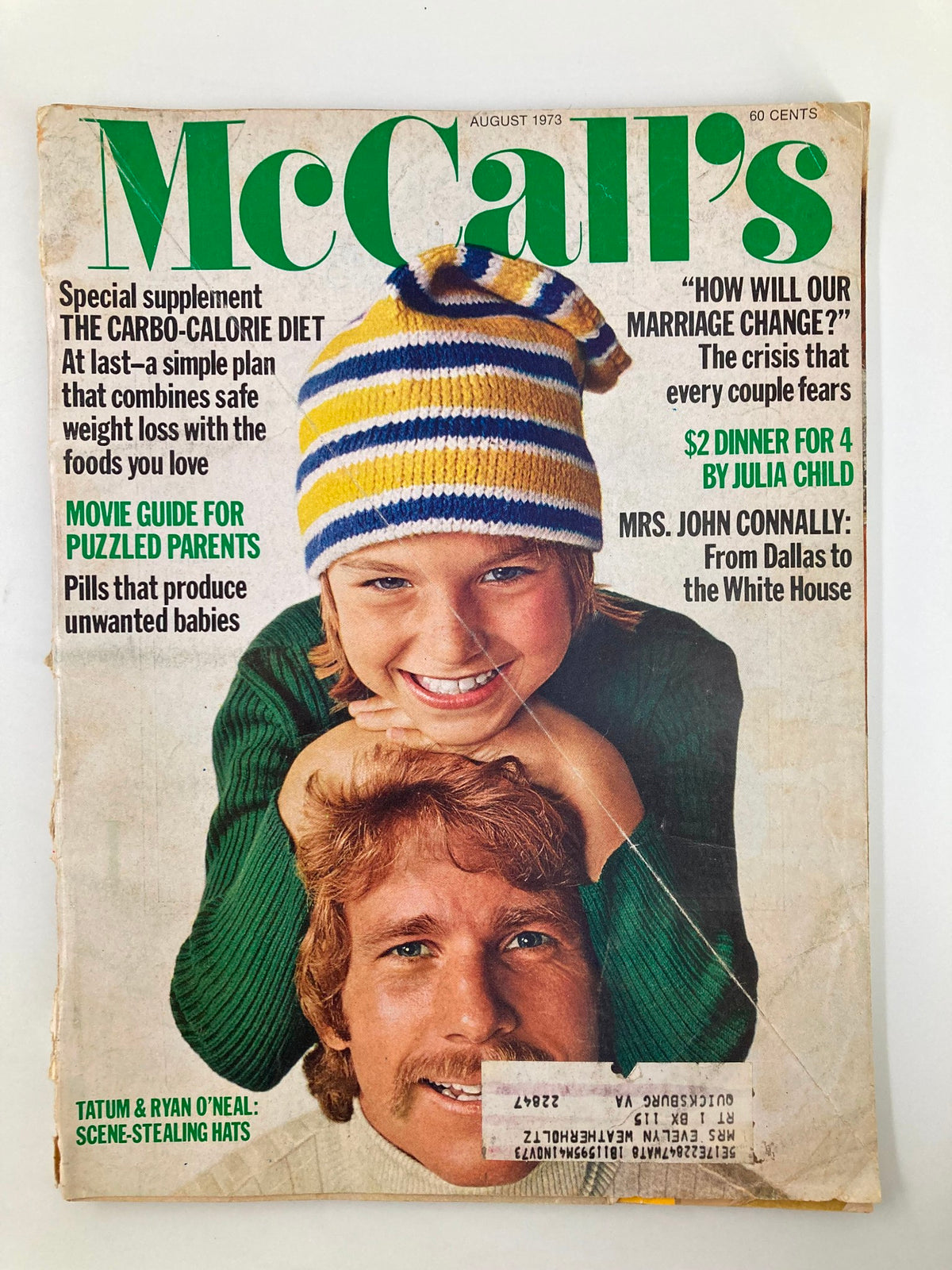 Cover of VTG McCall's Magazine August 1973 featuring Tatum and Ryan O'Neal with scene-stealing hats and articles on diet and parenting.