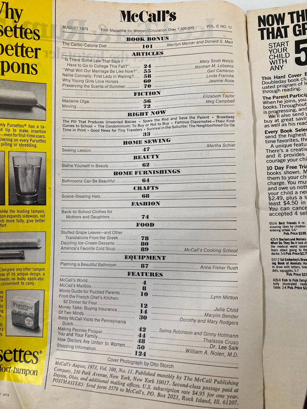 Contents page of VTG McCall's Magazine August 1973 with a list of featured articles and topics including Tatum and Ryan O'Neal.