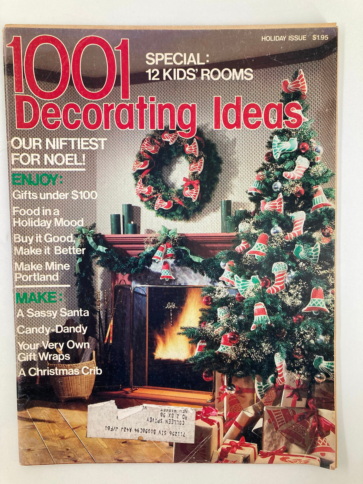 Cover of the VTG 1001 Decorating Ideas Magazine Holiday 1980 featuring A Sassy Santa and Candy-Dandy, displaying a festive scene with a decorated Christmas tree, wreath, and cozy fireplace.