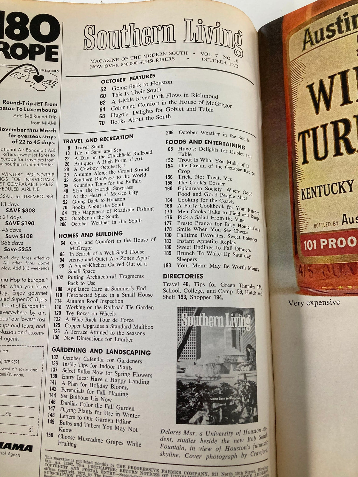 Table of contents from the VTG Southern Living Magazine October 1972 featuring Delores Mar, University of Houston, showcasing articles on Southern cuisine, travel, home decor, and gardening.