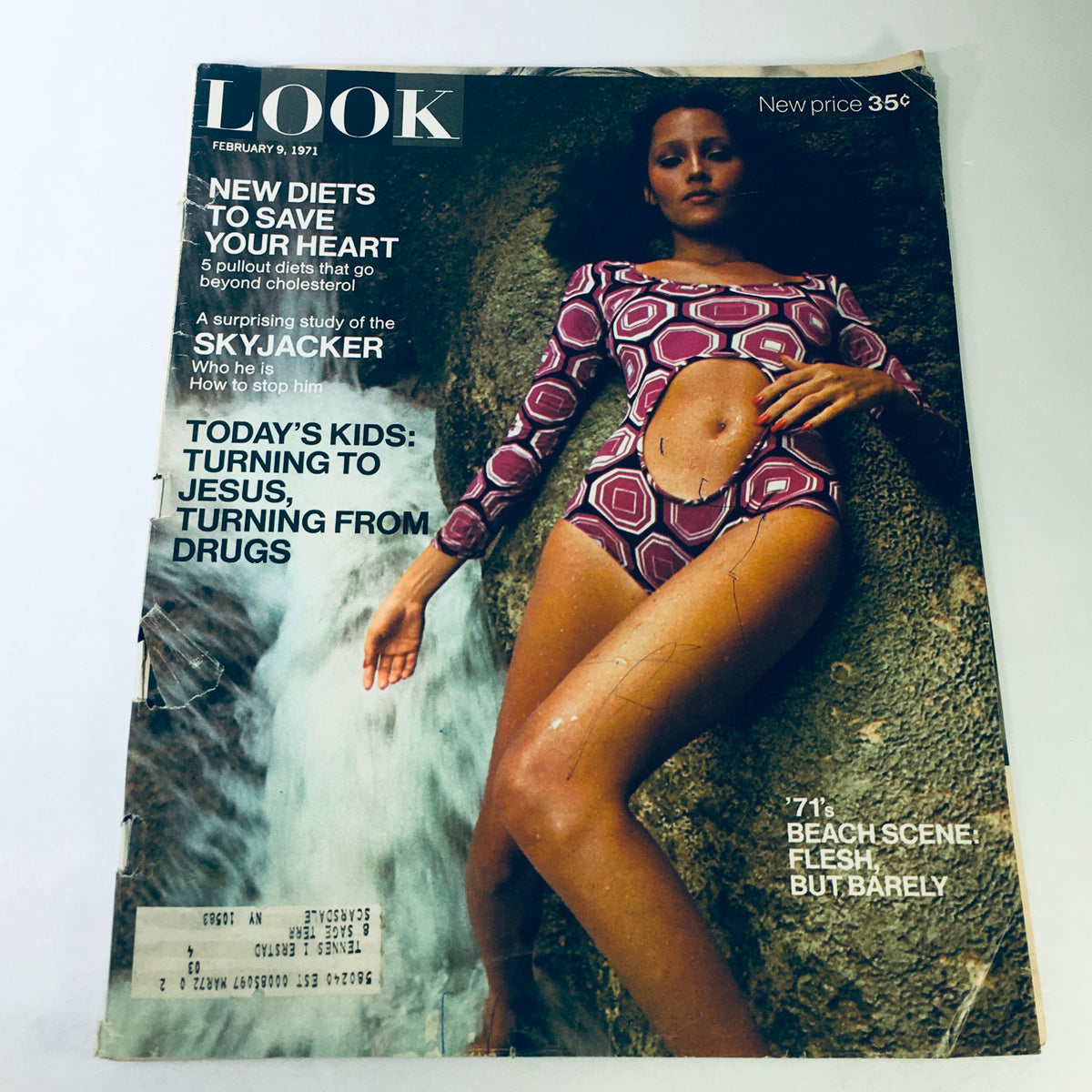 Cover of Look Magazine February 9, 1971 featuring the title '1971's Beach Scene, Flesh, But Barely'. The image shows a model in a stylish swimsuit posing against a rocky background.