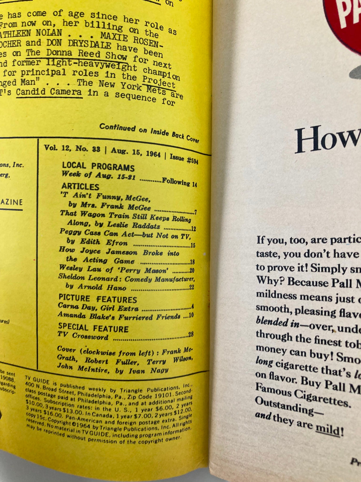 Inside page of TV Guide Magazine August 15 1964 with programming details and articles including a feature on Frank McGee, offering a glimpse into 1960s television culture.