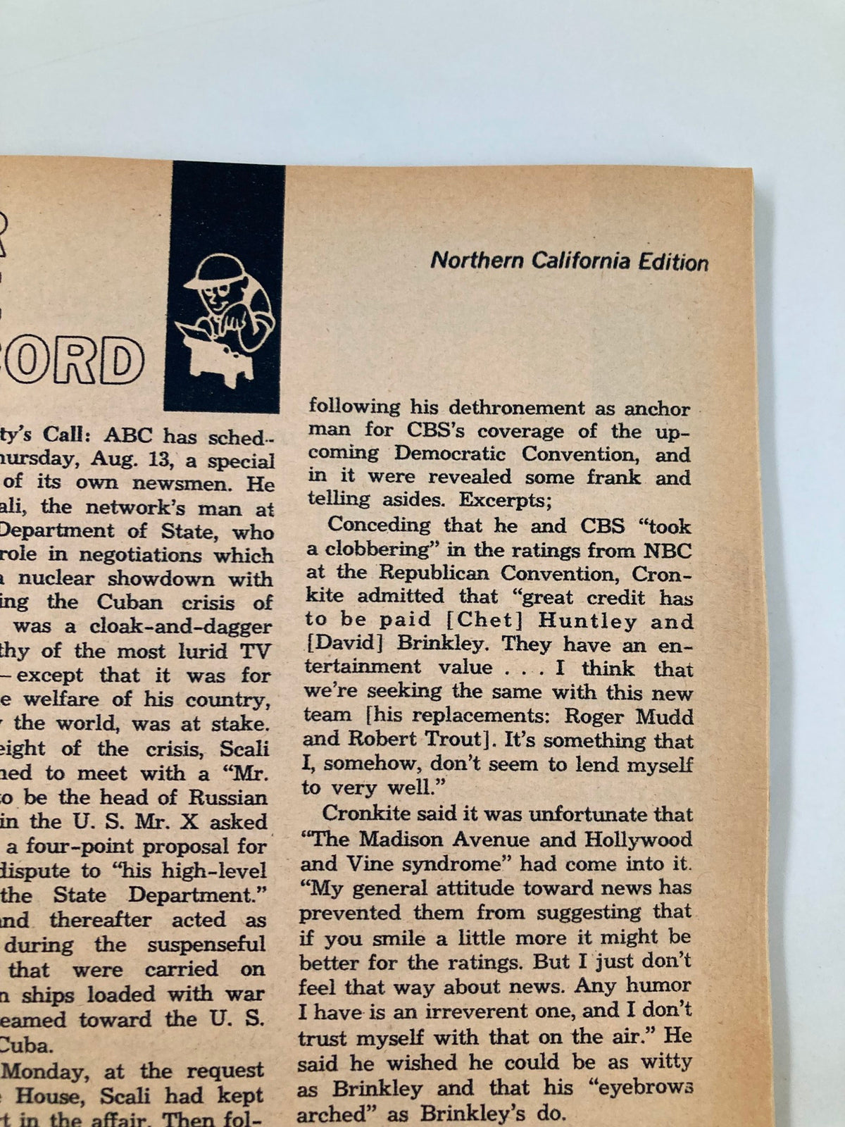 Detail of the TV Guide Magazine August 15, 1964, Northern California Edition, showcasing an article about television history and news features from that era.