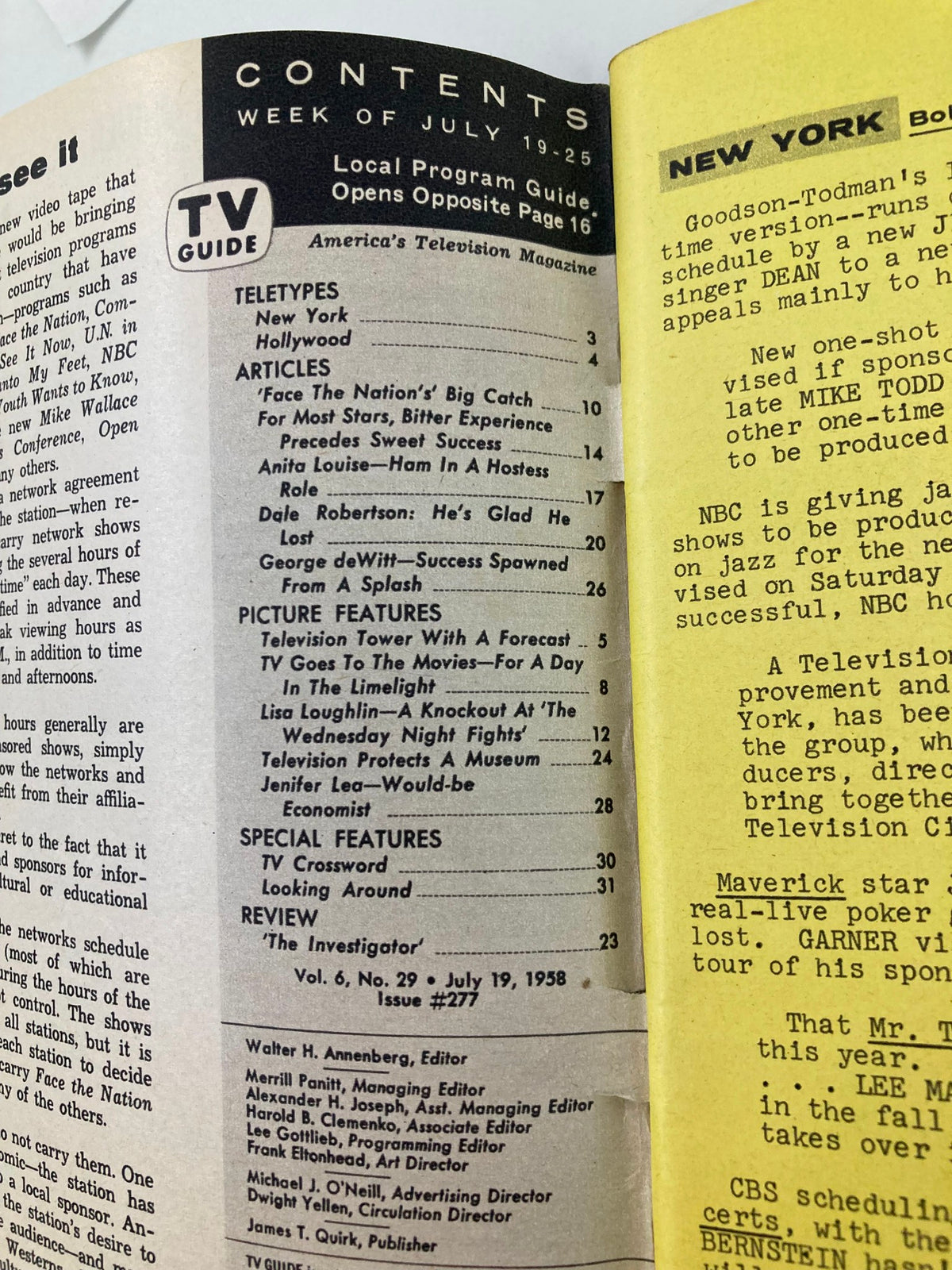 Contents page of TV Guide Magazine July 19, 1958, outlining articles and listings, including a feature on Dale Robertson.