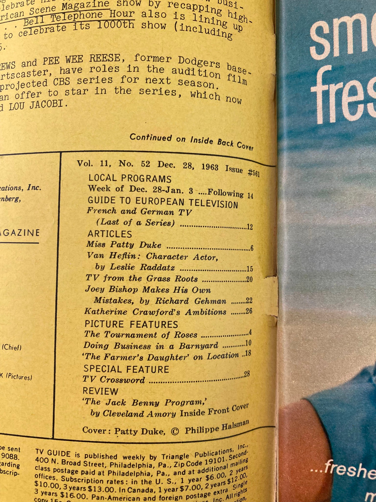 Inside pages of TV Guide Magazine December 28 1963 displaying the table of contents and featured articles, highlighting entertainment trends of the era with a focus on Patty Duke.