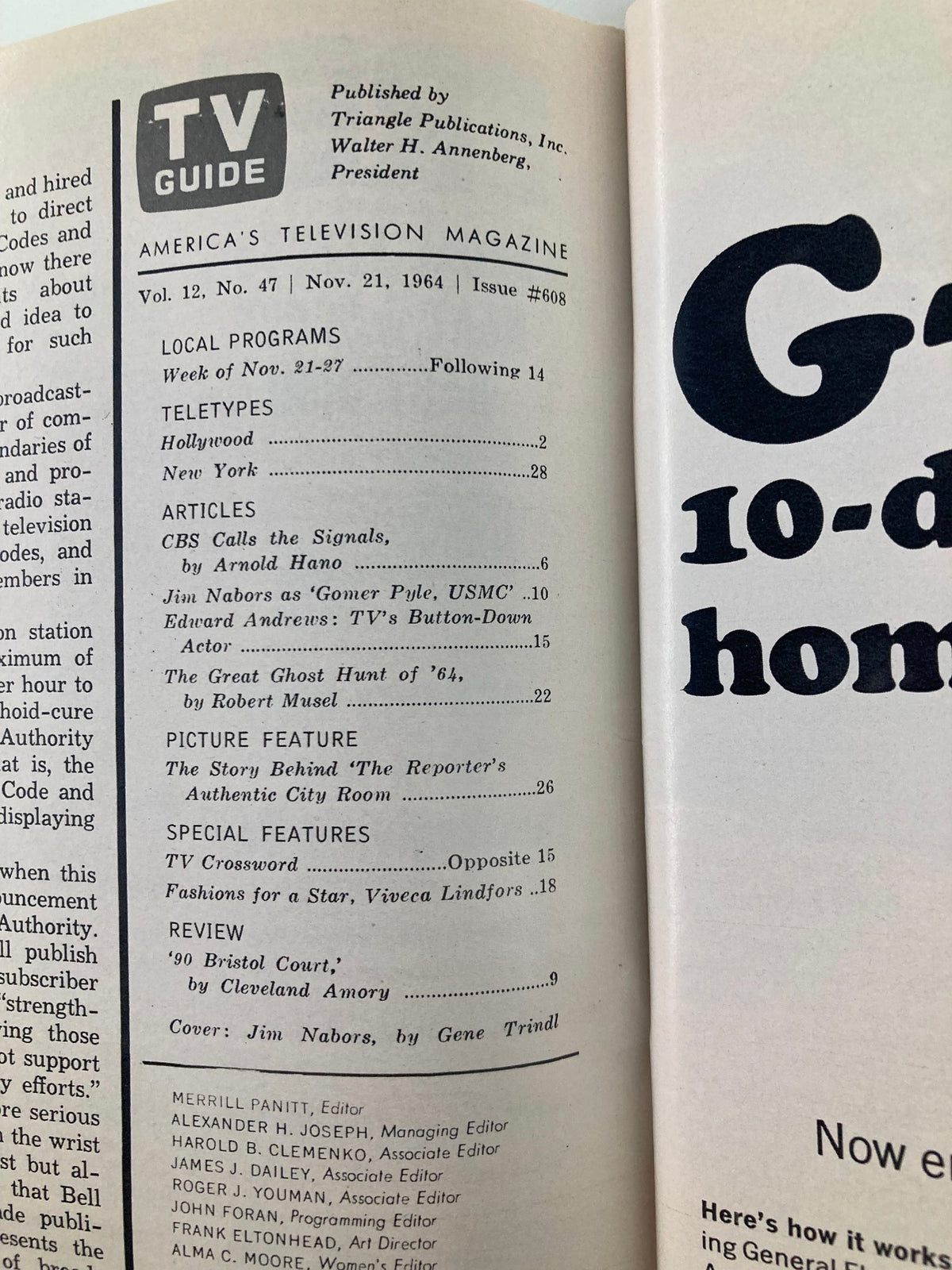 Interior page of TV Guide Magazine November 21 1964 showing the magazine's contents, including articles and features, with a focus on Jim Nabors and programming details from that era.