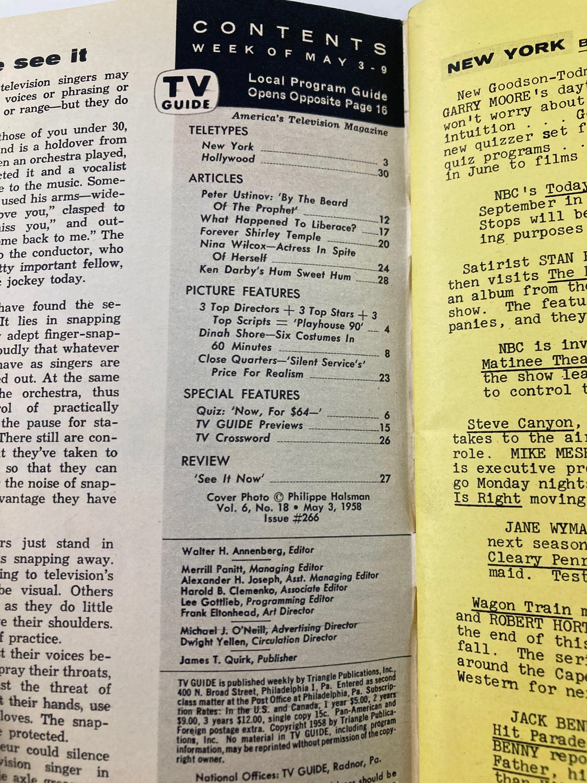 Contents page of TV Guide Magazine May 3, 1958, highlighting articles and features including a piece on Shirley Temple, from the Northern California edition.