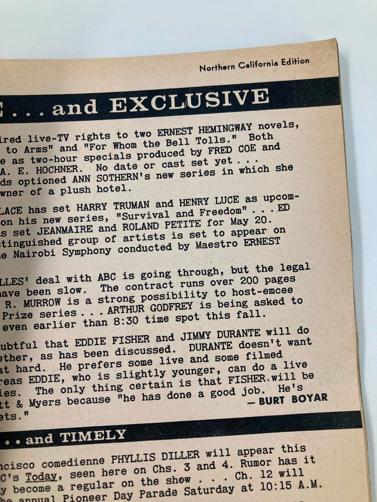 Text excerpt from TV Guide Magazine May 3, 1958, discussing TV programming details, from the Northern California edition.
