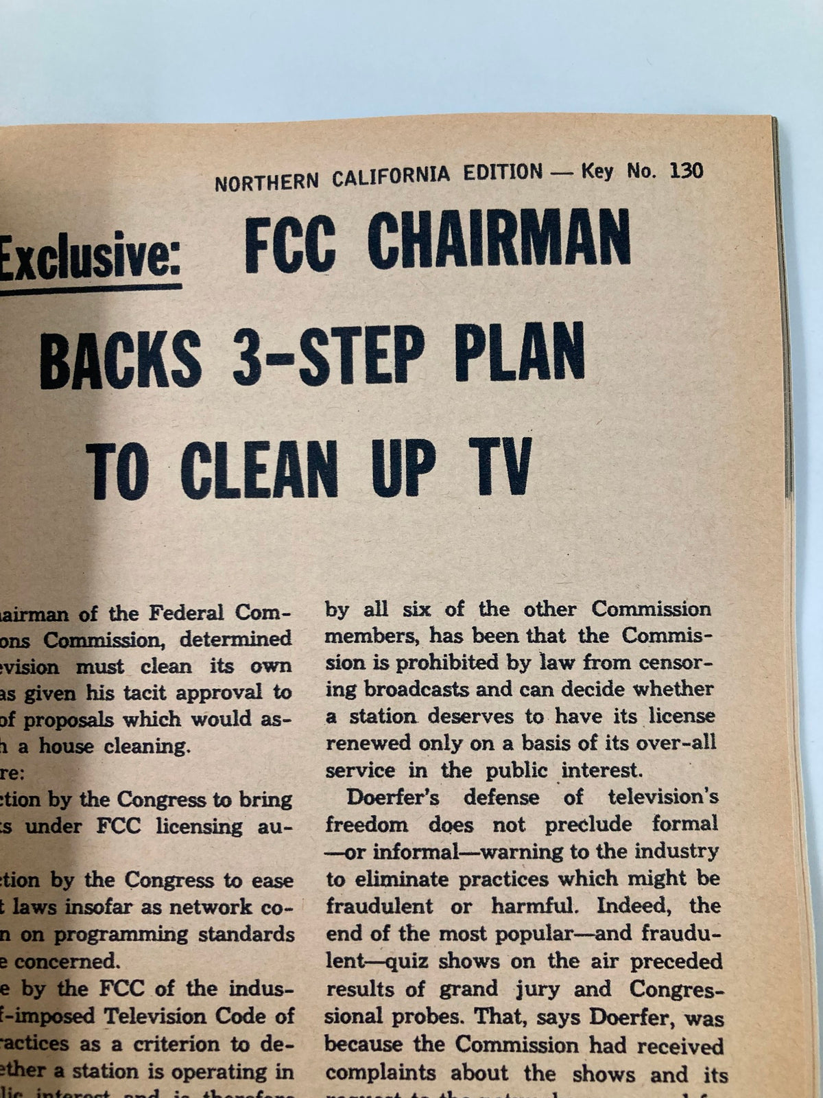 Exclusive section from TV Guide Magazine December 19 1959 discussing FCC Chairman's support for a 3-step plan to clean up television standards.