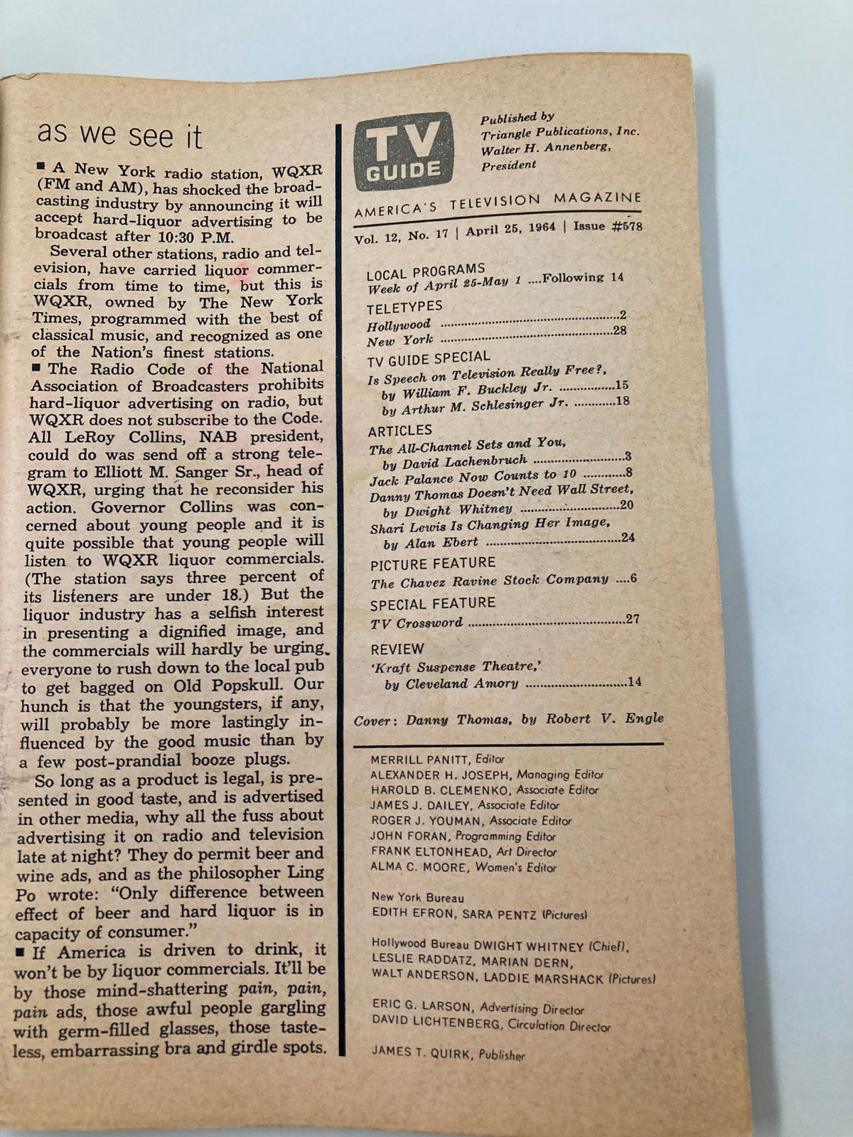 Back cover of TV Guide Magazine April 25 1964, displaying a detailed article list and publication information, emphasizing its connection to classic television programming.