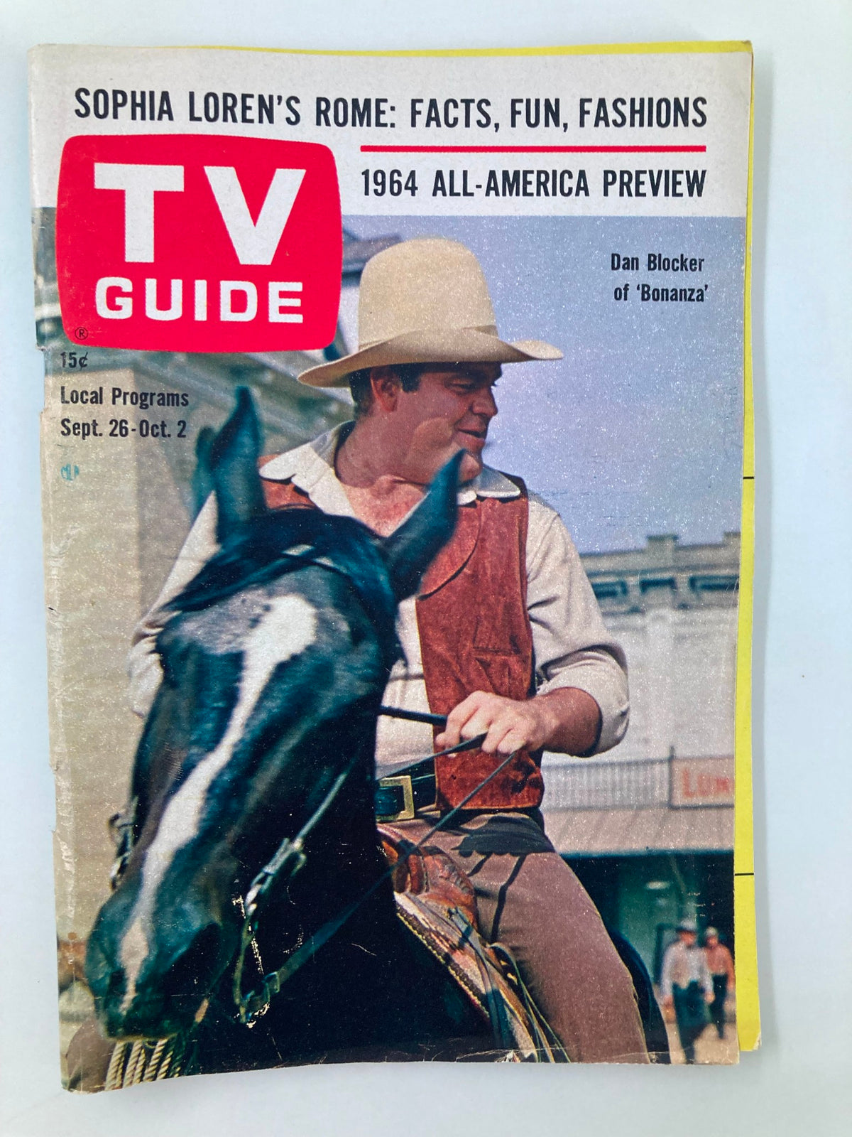 TV Guide Magazine cover from September 26, 1964 featuring Dan Blocker from 'Bonanza', showcasing vintage television entertainment with a western theme. The magazine highlights local programs and includes references to Sophia Loren's Rome.