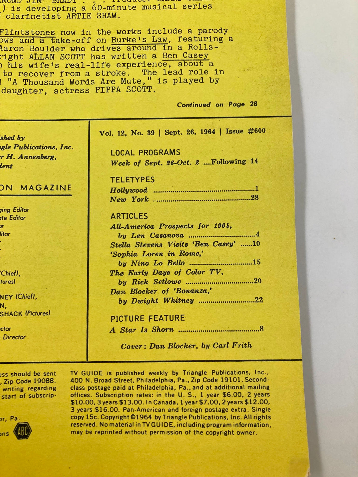 Back cover of TV Guide Magazine September 26 1964 featuring articles and local programs, including a prominent feature on Dan Blocker from Bonanza. This Northern California edition showcases vintage television culture.