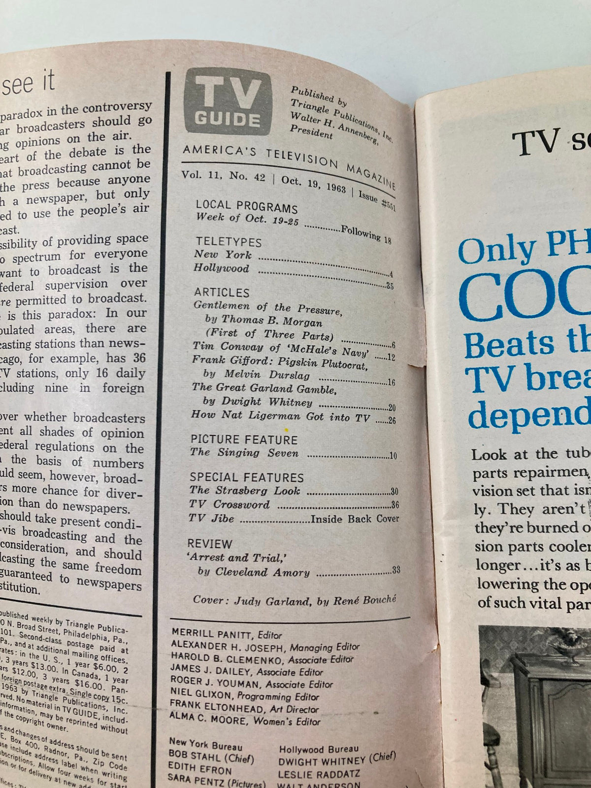 Inside page of TV Guide Magazine October 19, 1963, displaying the table of contents and articles, including a feature on Judy Garland and local programming listings.