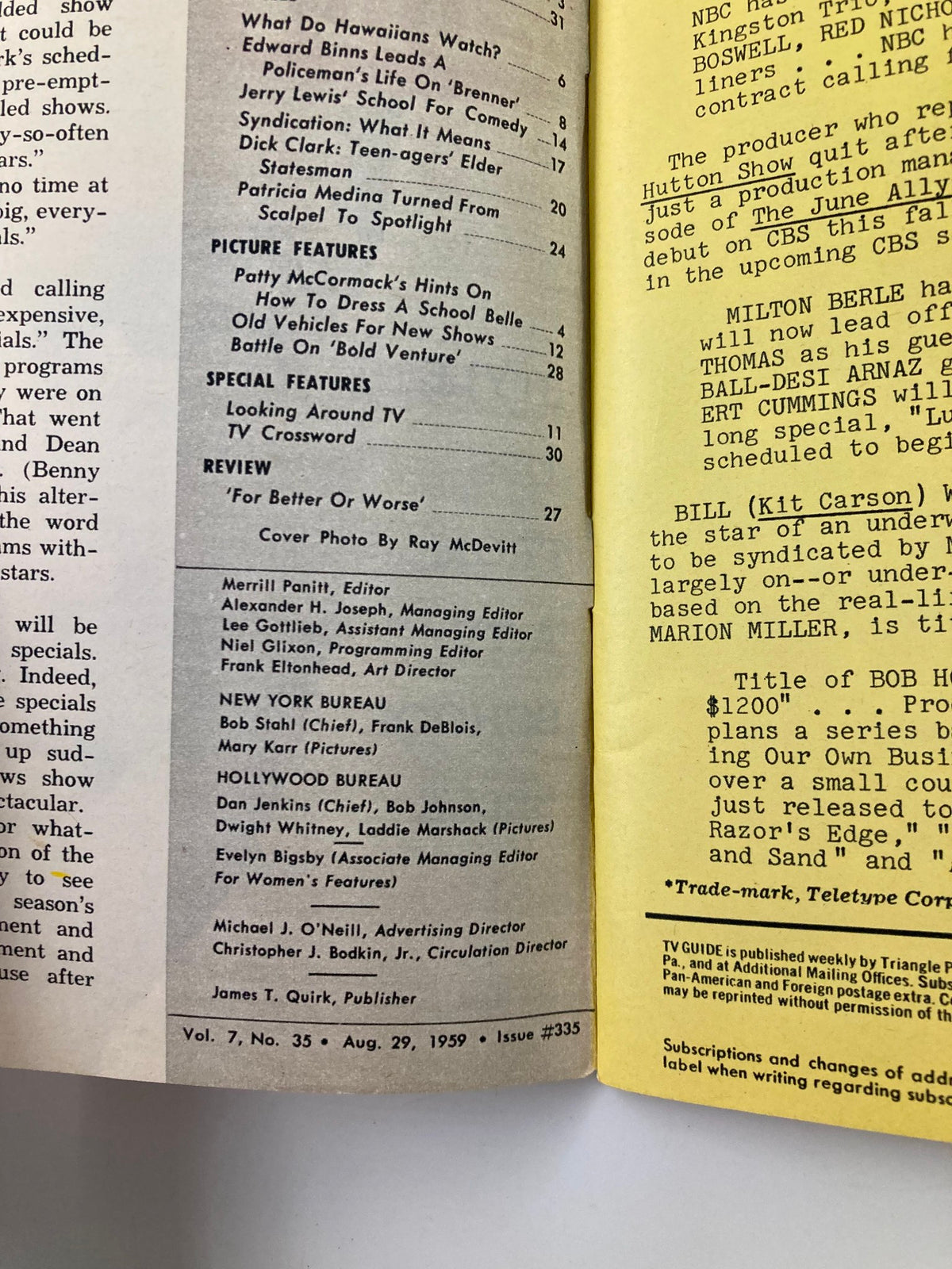 Interior page of TV Guide Magazine August 29 1959, detailing articles and features including a review and picture highlights.