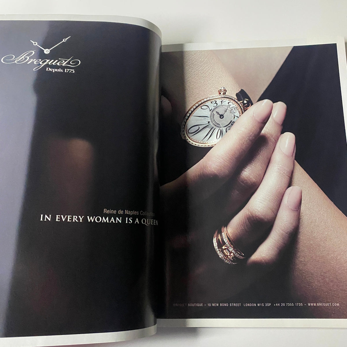 Ad from Harper's Bazaar UK Magazine November 2019 featuring a luxurious watch and rings, illustrating the theme 'In Every Woman Is A Queen'.