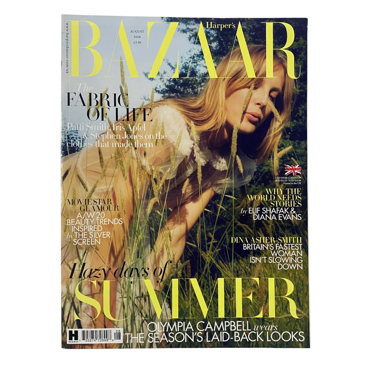 Cover of Harper's Bazaar UK Magazine August 2020 featuring Olympia Campbell in a relaxed summer attire, highlighting the editorial 'Park Life'.