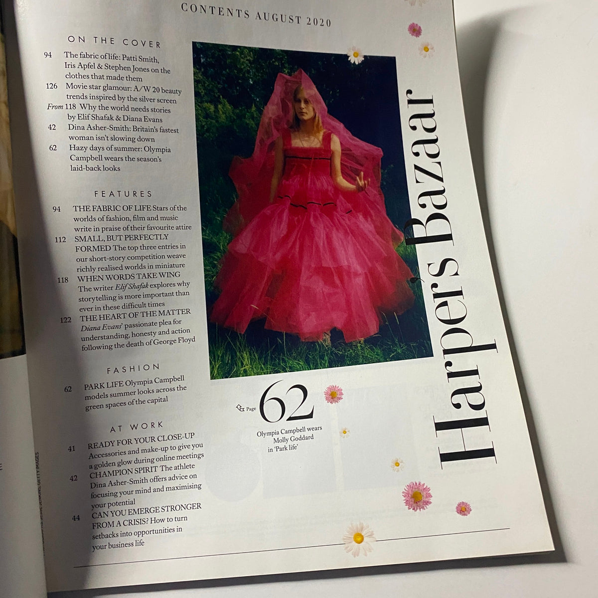 Table of contents page from Harper's Bazaar UK Magazine August 2020 featuring Olympia Campbell on page 62 and summaries of various features.