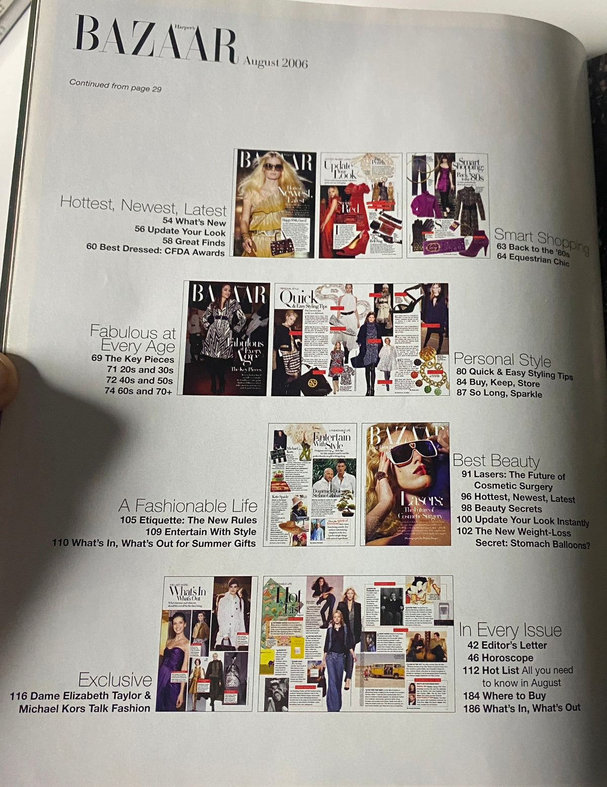 Page showcasing various content highlights from Harper's Bazaar Magazine August 2006 featuring fashion, style, and beauty sections.