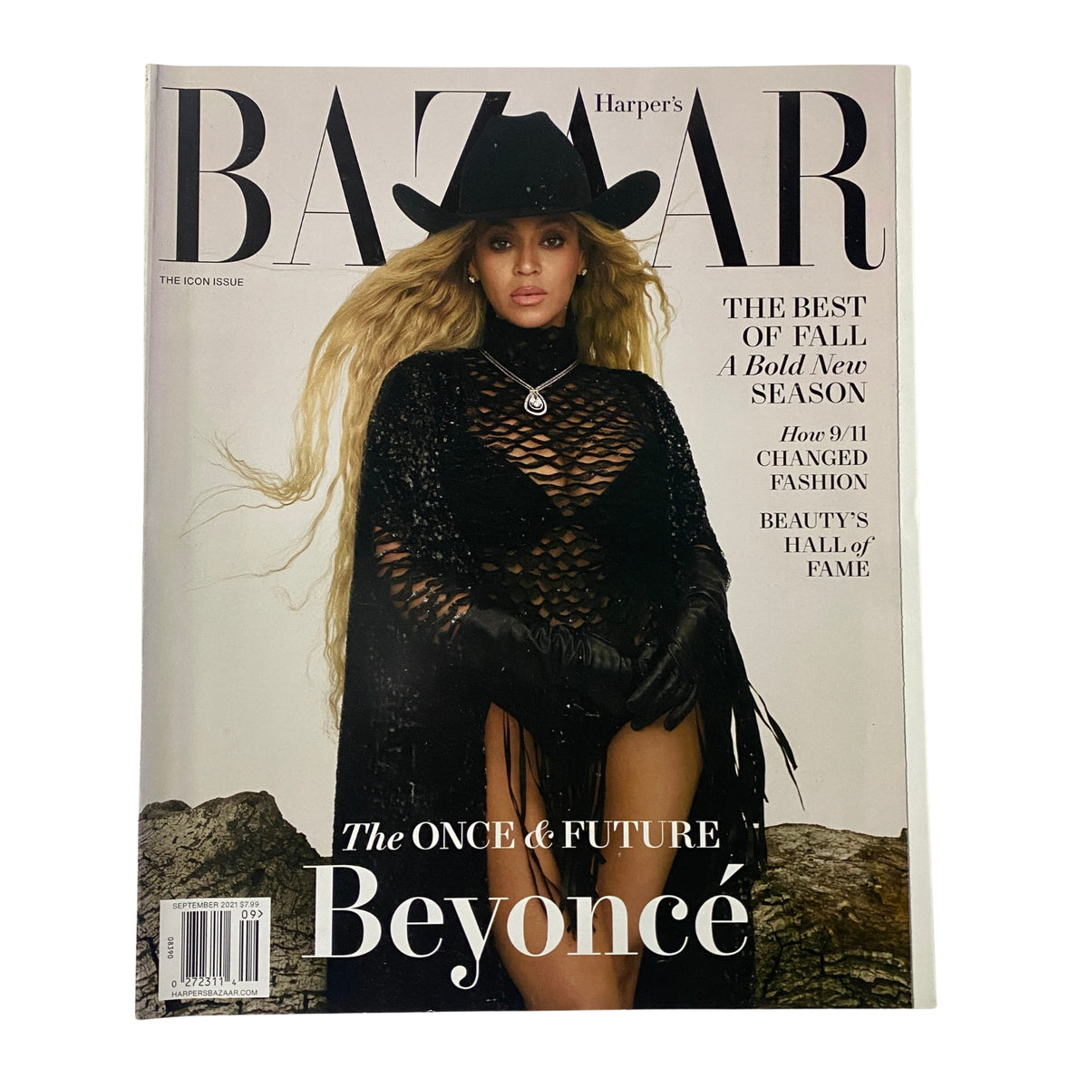 Harper's Bazaar Magazine September 2021 cover featuring Beyoncé in a bold editorial photograph, showcasing her commanding presence in fashion. This is the Icon Issue with 'The Once & Future Beyoncé' title.